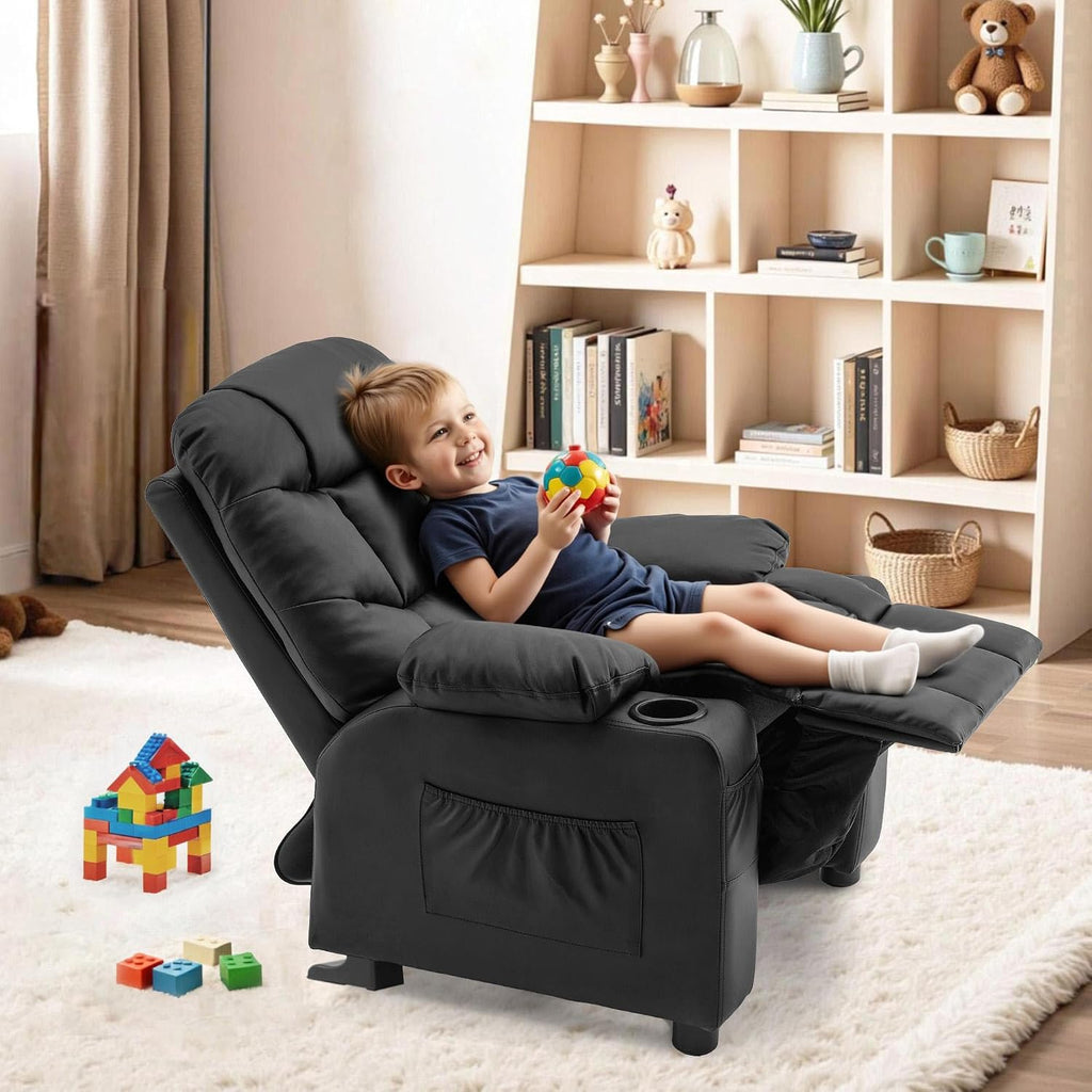 MCombo Big Kids Recliner for Ages 3+, Child Reclining Chair, Toddlers Recliner Sofa with Cup Holders (Faux Leather, Black)
