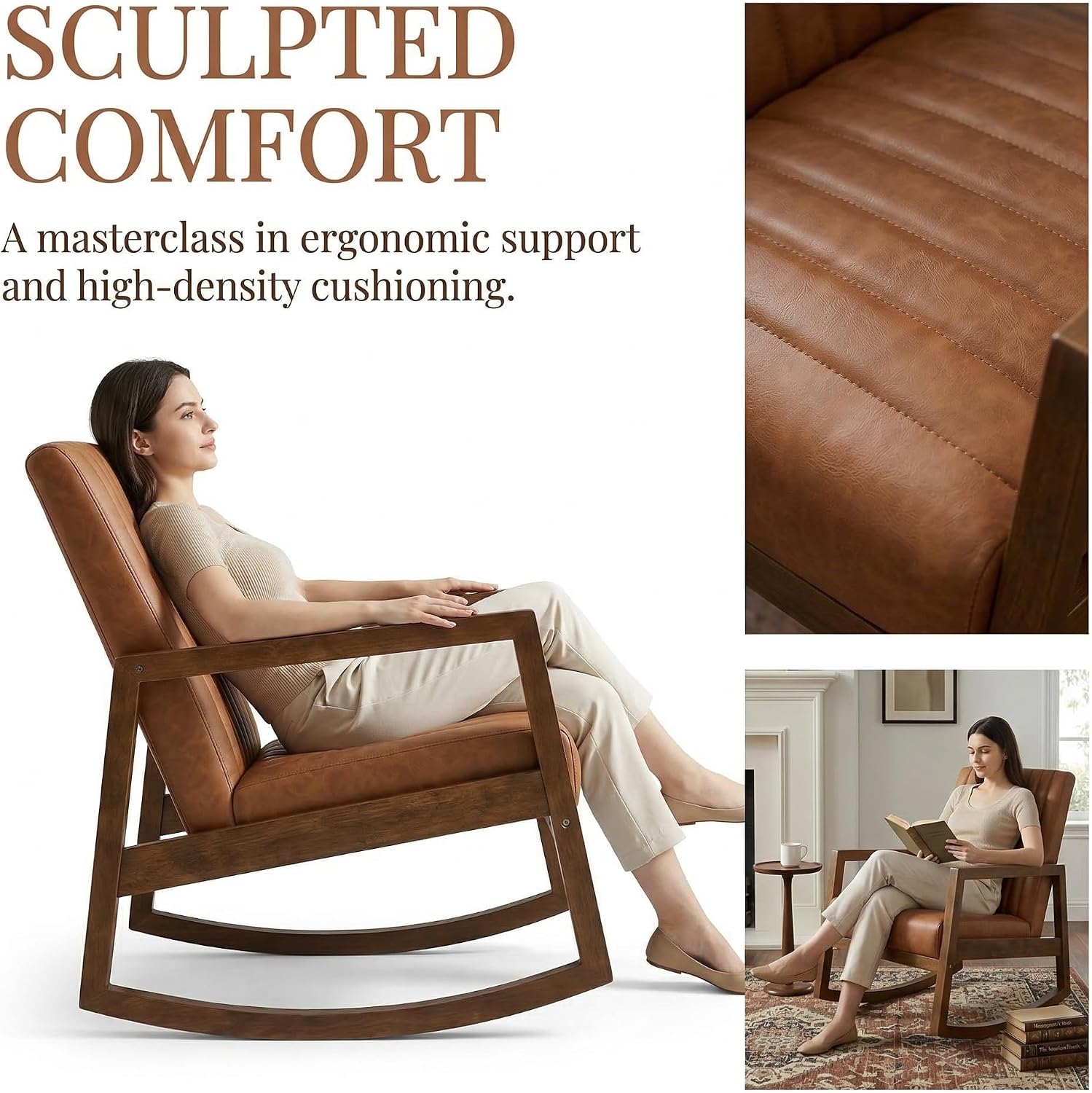 VESCASA Brown Faux Leather Rocking Chair with Channel-Tufted Back, Mid-Century Modern Comfy Rocker with Walnut Wood Frame for Nursery Living Room Bedroom Indoor, Burnt Orange Upholstered Chair