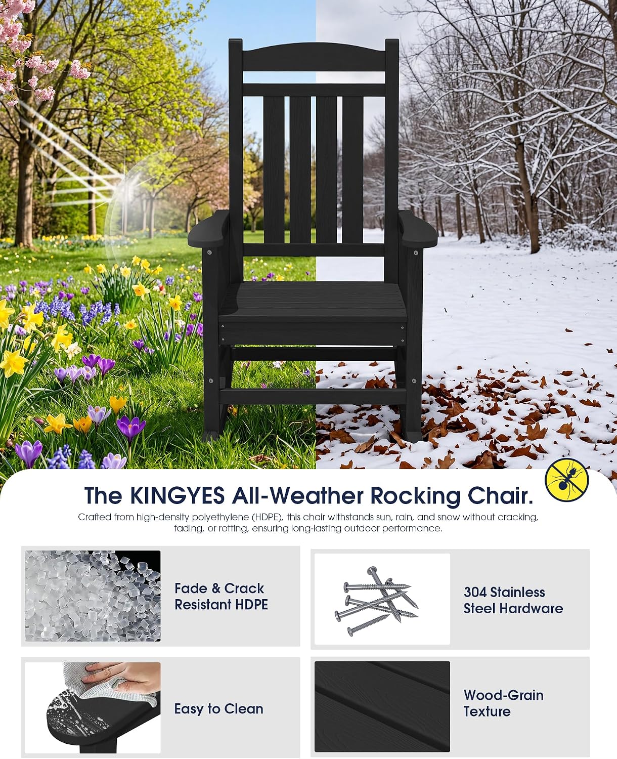 KINGYES Oversized Outdoor Rocking Chair with Cushion, All-Weather Patio Rocking Chairs, HDPE Porch Rocker for Adults, 350 lbs Capacity, Black Chair with Beige Cushion