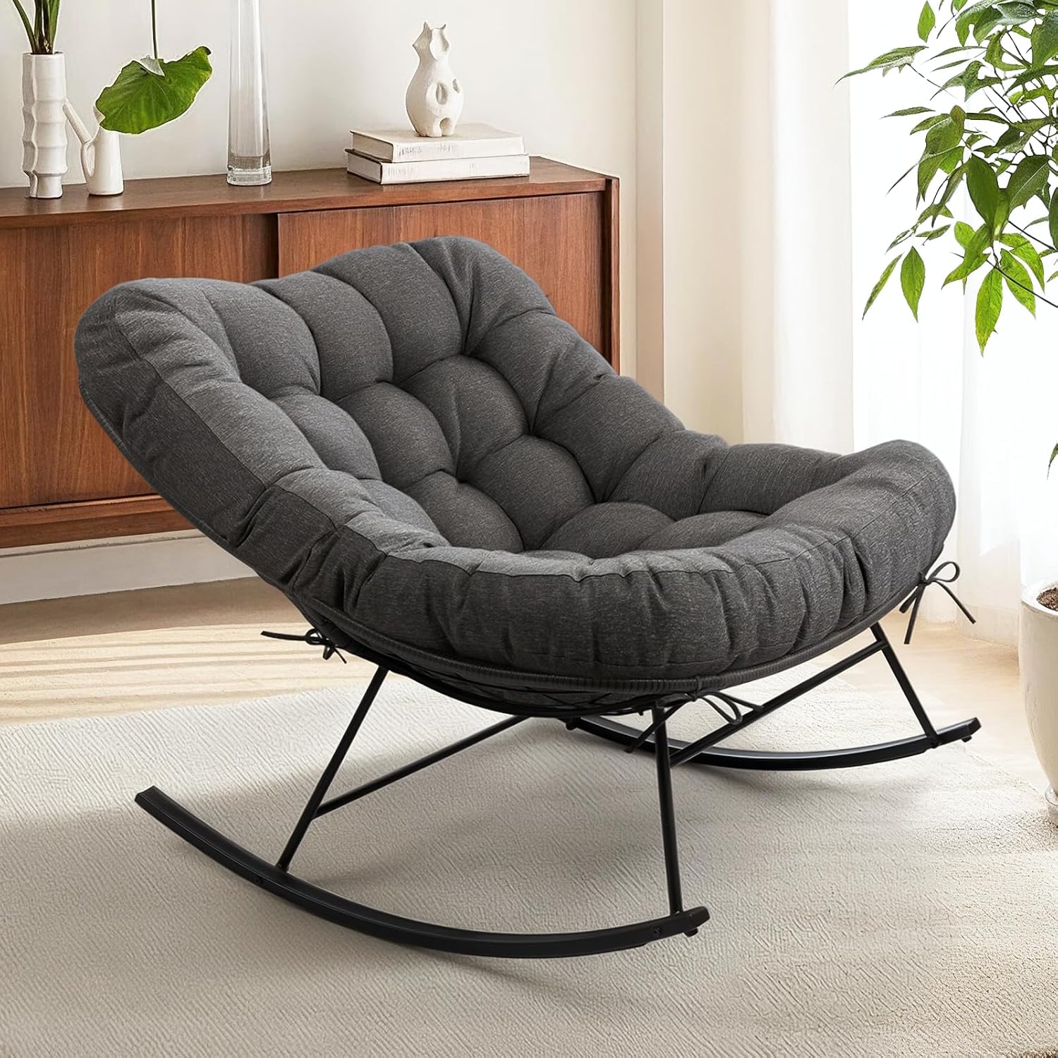 Bme Patio Rocking Chair Outdoor and Indoor, Modern Metal Lounge Rocker with Thick 7'' Cushion, 400lbs Capacity, Ergonomic Design, Easy Assembly, Grey Cushion - Black Matte Rocker