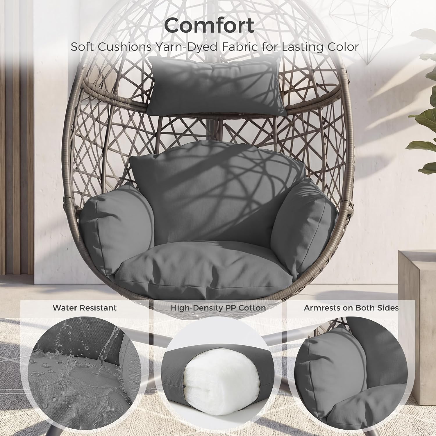 NICESOUL Swing Egg Chair with Stand, Bird Cage Patio Hanging Chair with Cushion, Large Swinging Chairs Indoor Outdoor, All-Weather 350lbs Eggshell Basket Seat for Porch, Backyard, Dark Grey
