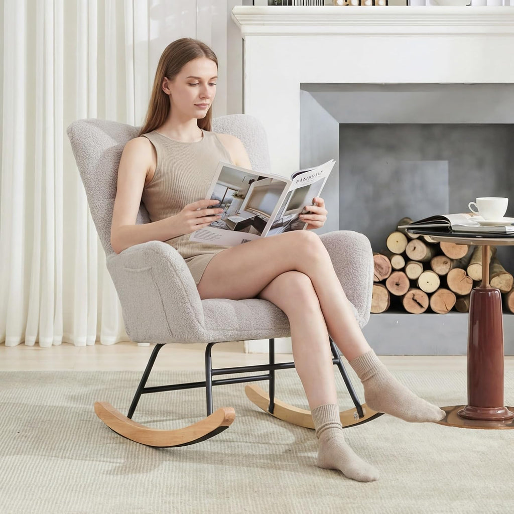 Nursery Rocking Chair, Teddy Upholstered Glider Rocker Rocking Accent Chair with High Backrest Armchair Comfy Side Chair for Living Room, Bedroom, Offices (Light Gray)