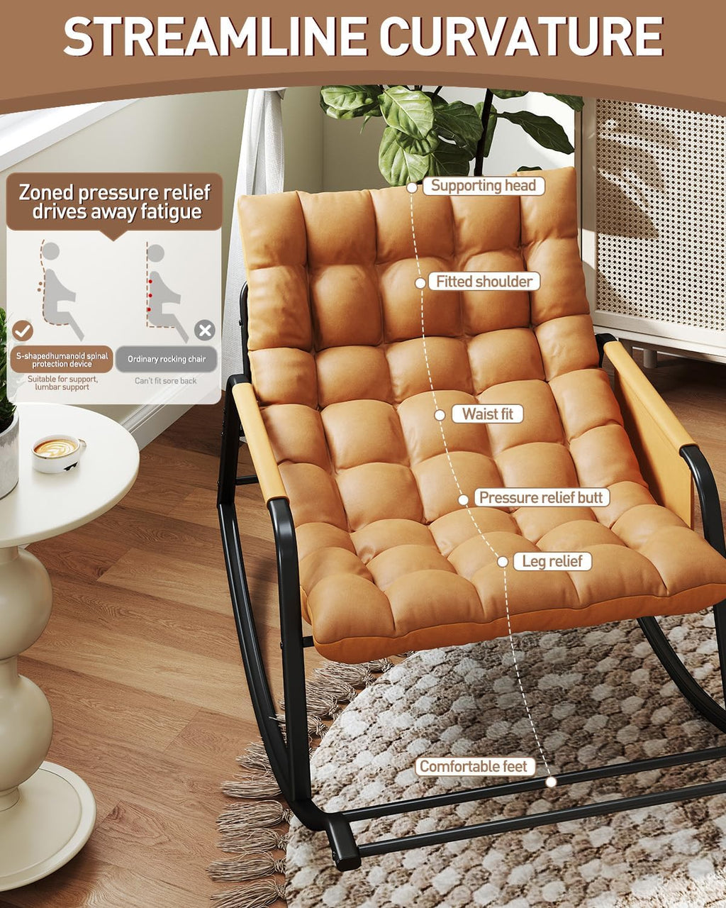 Oversized Indoor Rocking Chair, Plush Papasan Chair with Comfy Padded Cushions & Side Pocket, for Patio Garden, Porch, Lounge, Outdoor, Orange