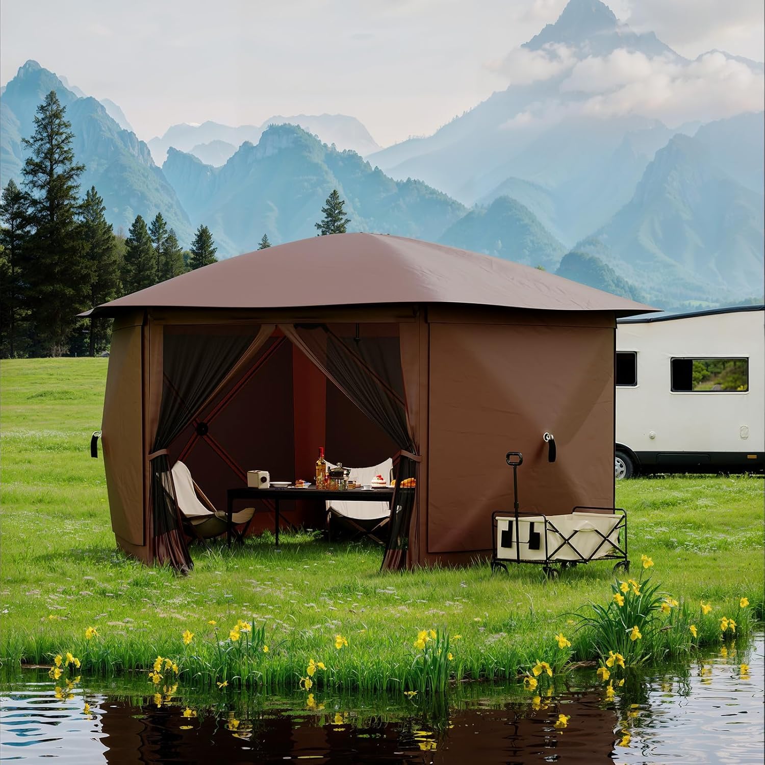 GarveeLife 11.5x11.5FT 6-Sided Pop Up Gazebo Tent，One-Push Setup Canopy Tent with Mesh Panels & Removable Wind Cloths, Outdoor shelter for Camping, Backyard Parties, Outdoor Events - Beige & Khaki