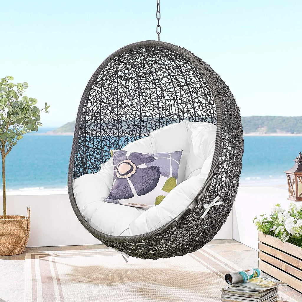 Modway Hide Wicker Rattan Outdoor Patio Porch Lounge Egg Swing Chair Set with Stand in Gray White