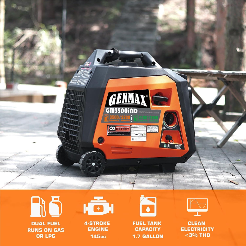 GENMAX Portable Generator, 3500W Super Quiet Gas or Propane Powered Engine with Parallel Capability, Manual start，Ideal for Camping Travel Outdoor.EPA Compliant