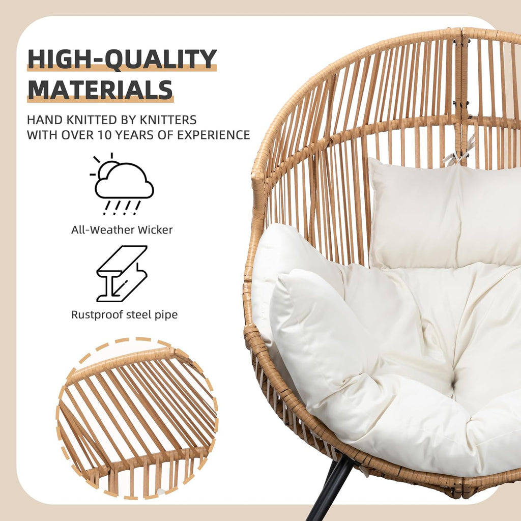 JAMFLY Egg Chair Wicker Outdoor Chairs, Oversized Patio Chair Oversized Lounger Chair with Cushion for Indoor Living Room, Bedroom, Outside Patio Backyard Balcony, Creamy White