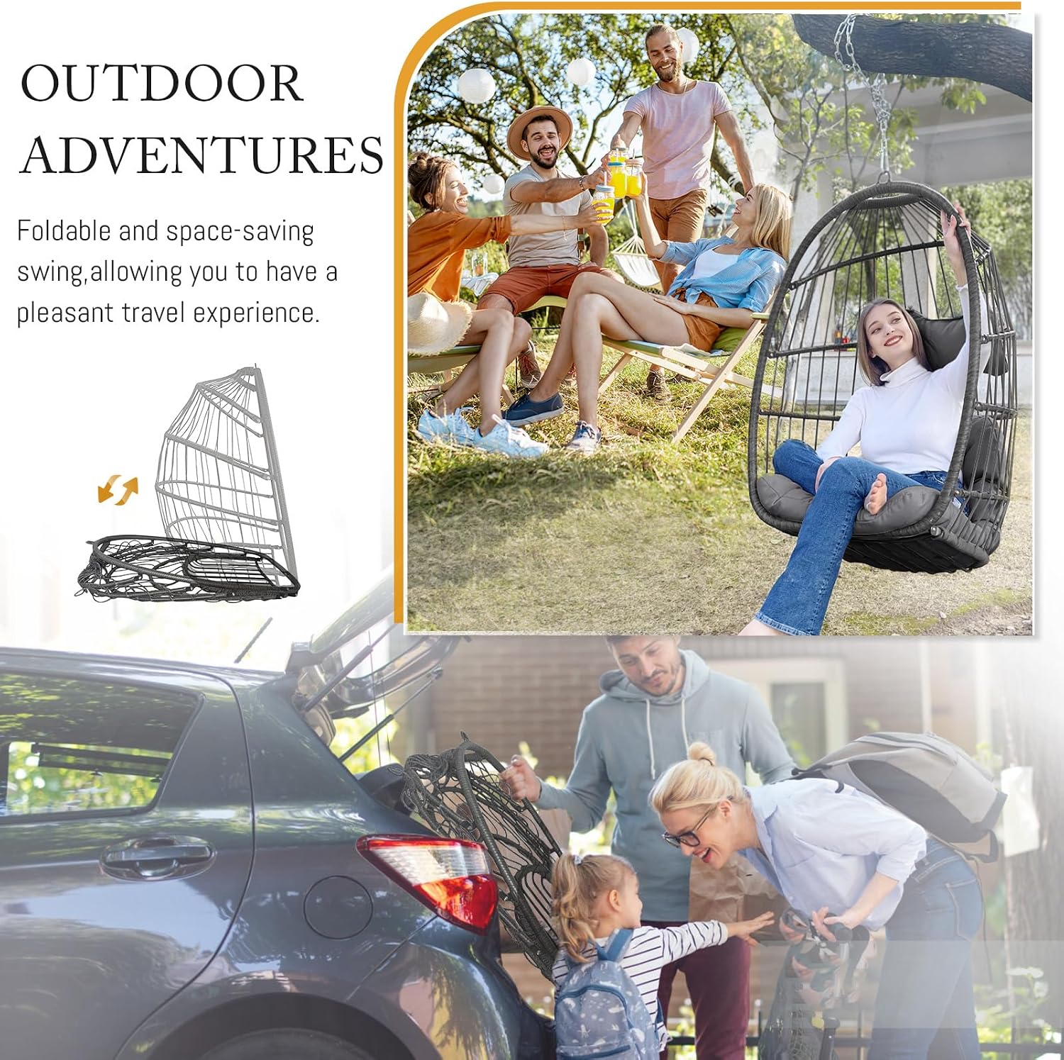 BULEXYARD Outdoor Egg Chair Without Stand, 350 Lbs Foldable Weather-Resistant Rattan Hanging Hammock with Cushion, Cozy Swing Basket Seat for Bedroom Balcony Patio Pergola Tree Mount, Dark Grey