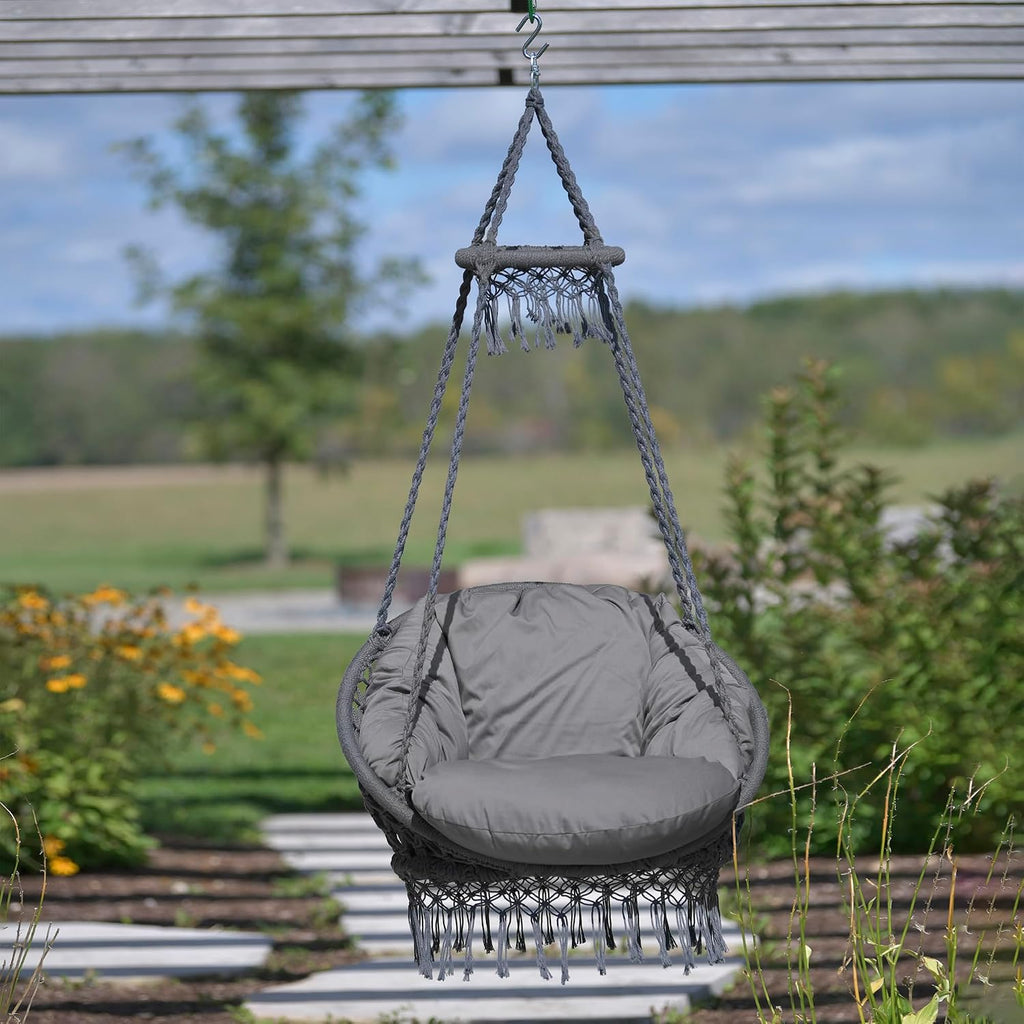 Vivere Deluxe Polyester Macrame Chair with Plush Cushion and Fringe (Fog Grey)
