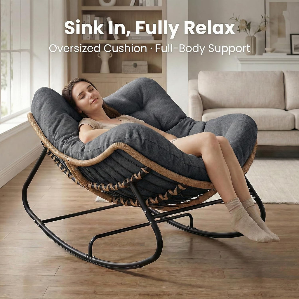 SWITTE Outdoor Rocking Chair, Oversized Patio Papasan Rocker, Comfy Wicker Reading Lounge, Indoor Bed-Like Egg Chair for Bedroom,Balcony, Porch, Garden, Dark Grey