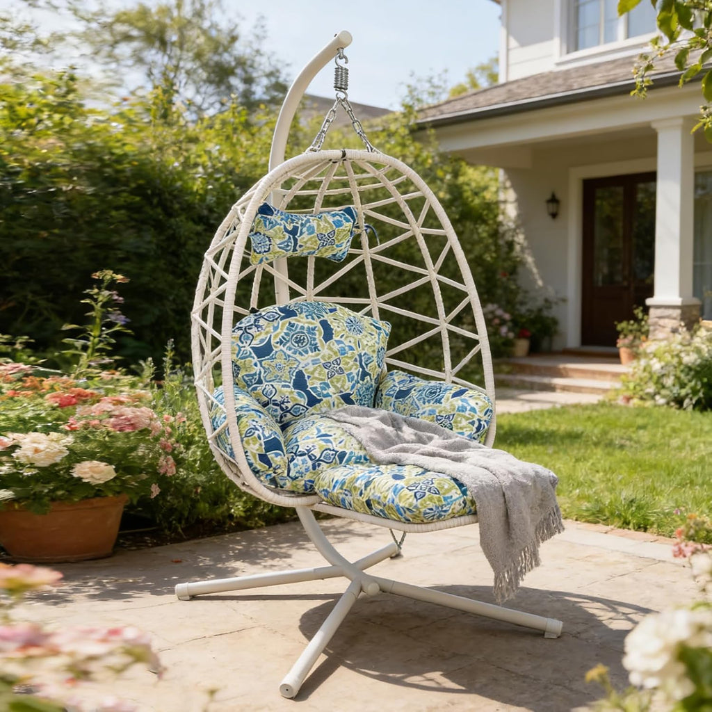 Hanging Egg Chair with Stand & Leg Rest,Rattan Wicker Swing Chair with Cushion,Patio Basket Hanging Chair Wicker Hammock Chair for Indoor Outdoor Bedroom Garden,300LBS (White Rattan&Floral Cushion)