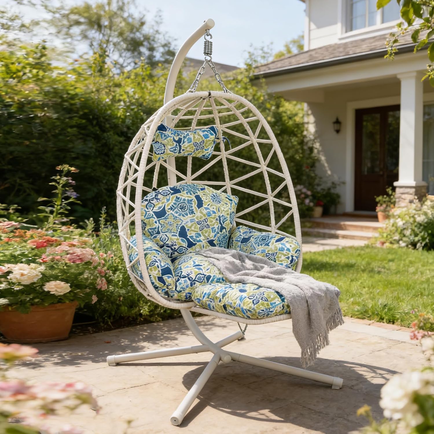Hanging Egg Chair with Stand & Leg Rest,Rattan Wicker Swing Chair with Cushion,Patio Basket Hanging Chair Wicker Hammock Chair for Indoor Outdoor Bedroom Garden,300LBS (White Rattan&Floral Cushion)