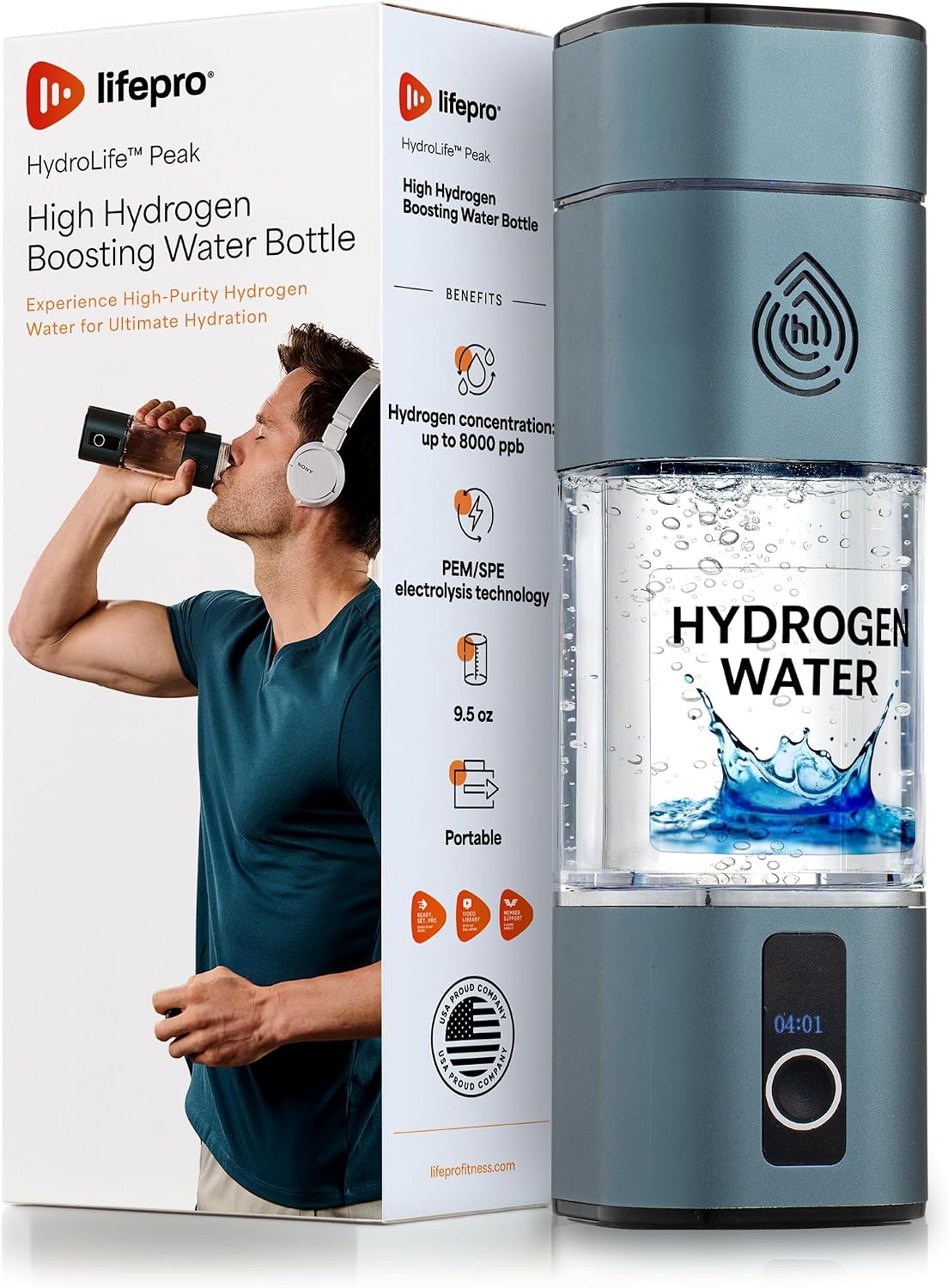 Lifepro Hydrogen Water Bottle Generator with SPE/PEM Technology – HydroLife Peak Portable Hydrogen-Boosting Water Machine Upto 8000ppb with OLED Display & USB-C Charging – 9.5oz, Polycarbonate Body