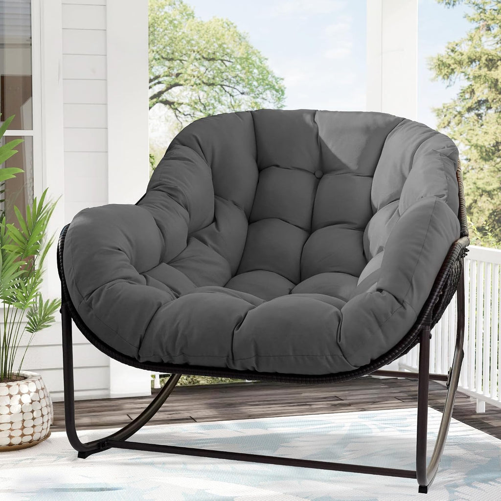 Papasan Rocking Chair, Oversized Papasan Chair with Cushion and Frame for Indoor& Outdoor,Egg-Shaped Patio Rocking Chair for Garden, Deck, Living Room, Light Grey