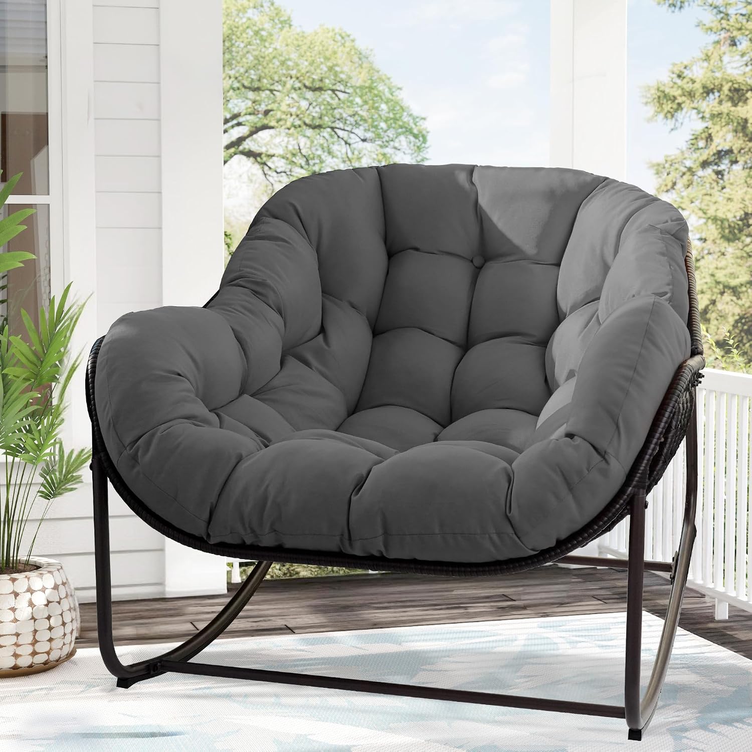 Papasan Rocking Chair, Oversized Papasan Chair with Cushion and Frame for Indoor& Outdoor,Egg-Shaped Patio Rocking Chair for Garden, Deck, Living Room, Light Grey