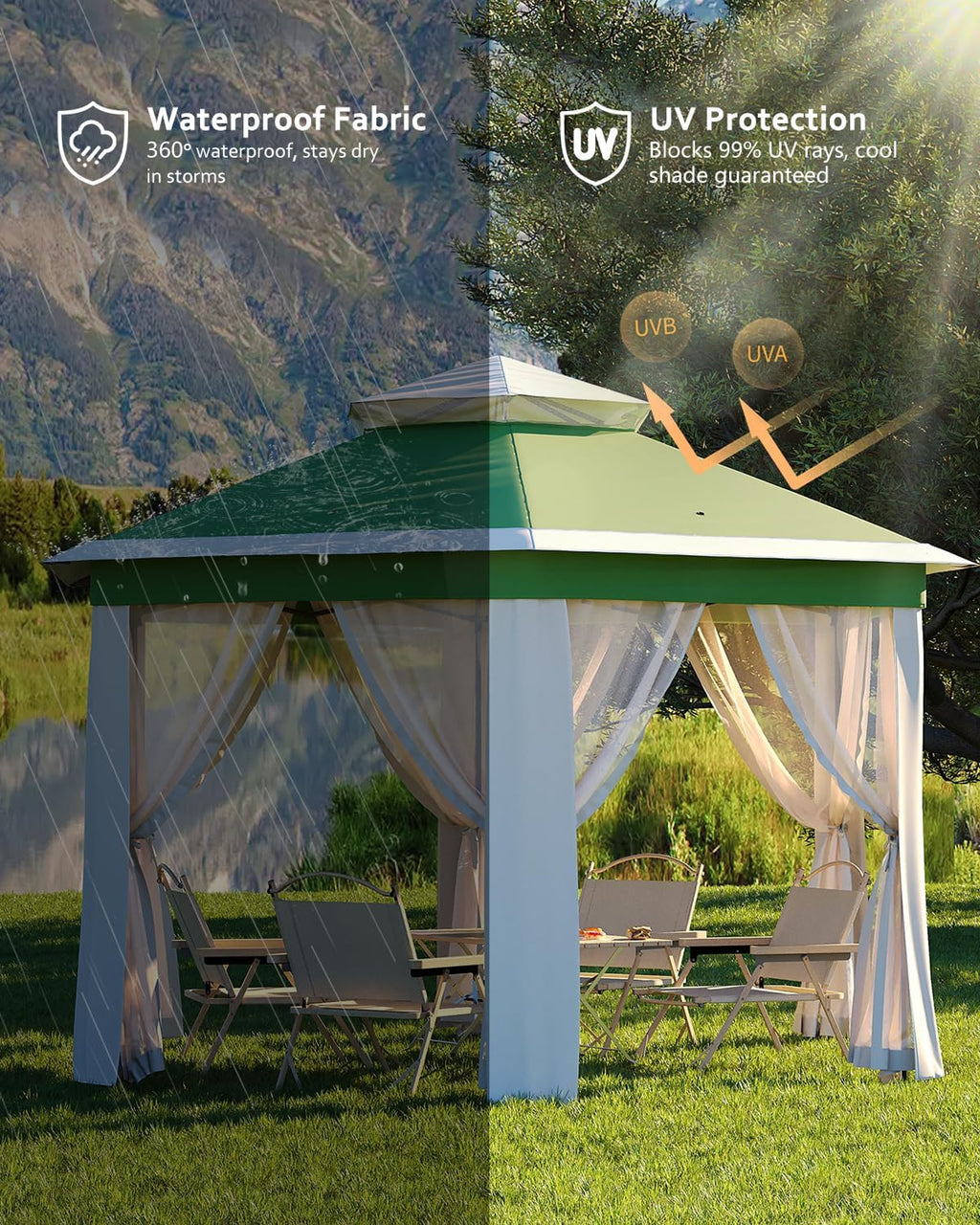 GarveeLife Pop Up Gazebo 13x13, 6 Side Outside Canopy Tent with Mosquito Netting, One Push Setup for Backyard Patio Garden Activities - Green