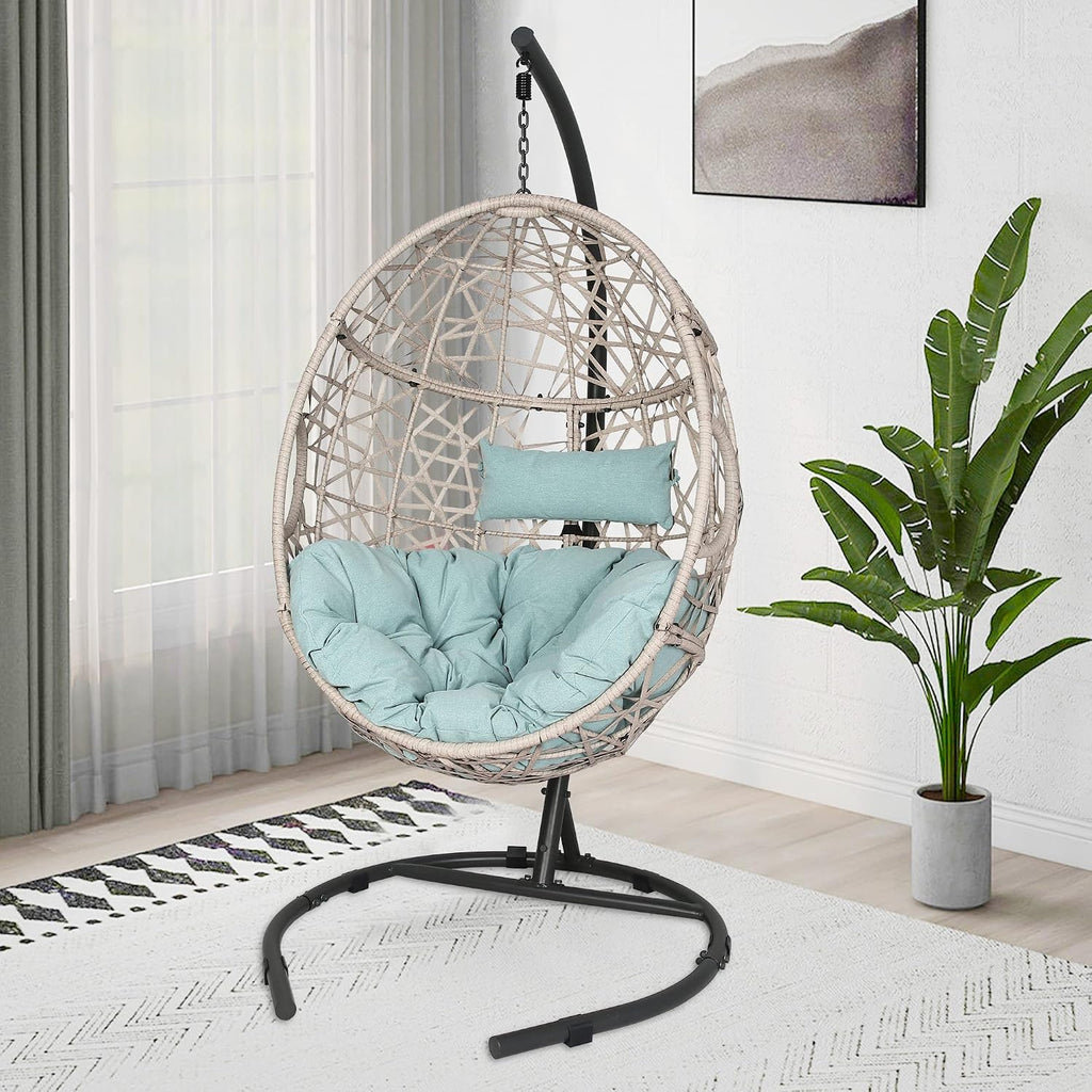 Outdoor Rattan Egg Hanging Swing Chair with Cushions and Stand (Blue)