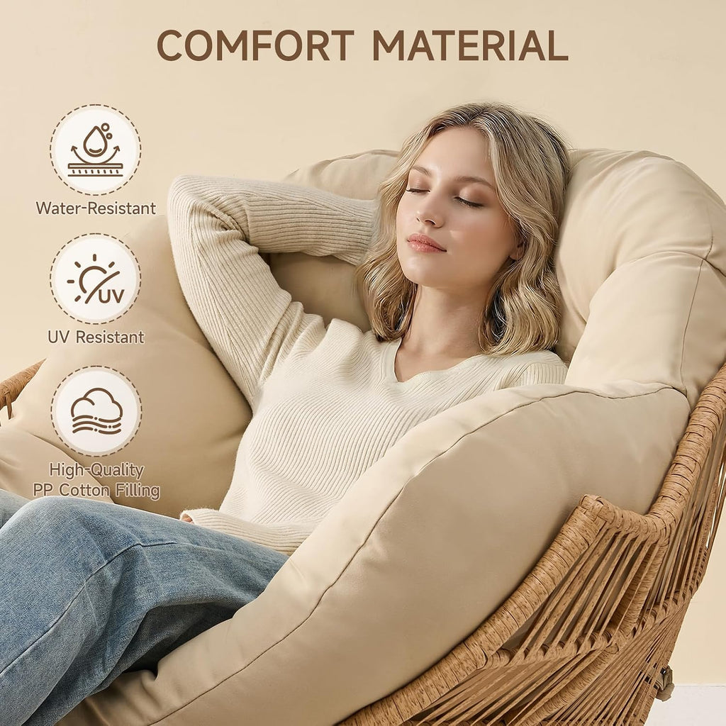 ONBRILL Papasan Rocking Chair with Ottoman,Oversized Papasan Chair with Padded Cushion, Indoor & Outdoor Rocker Chair for Living Room, Patio, Garden, Beige