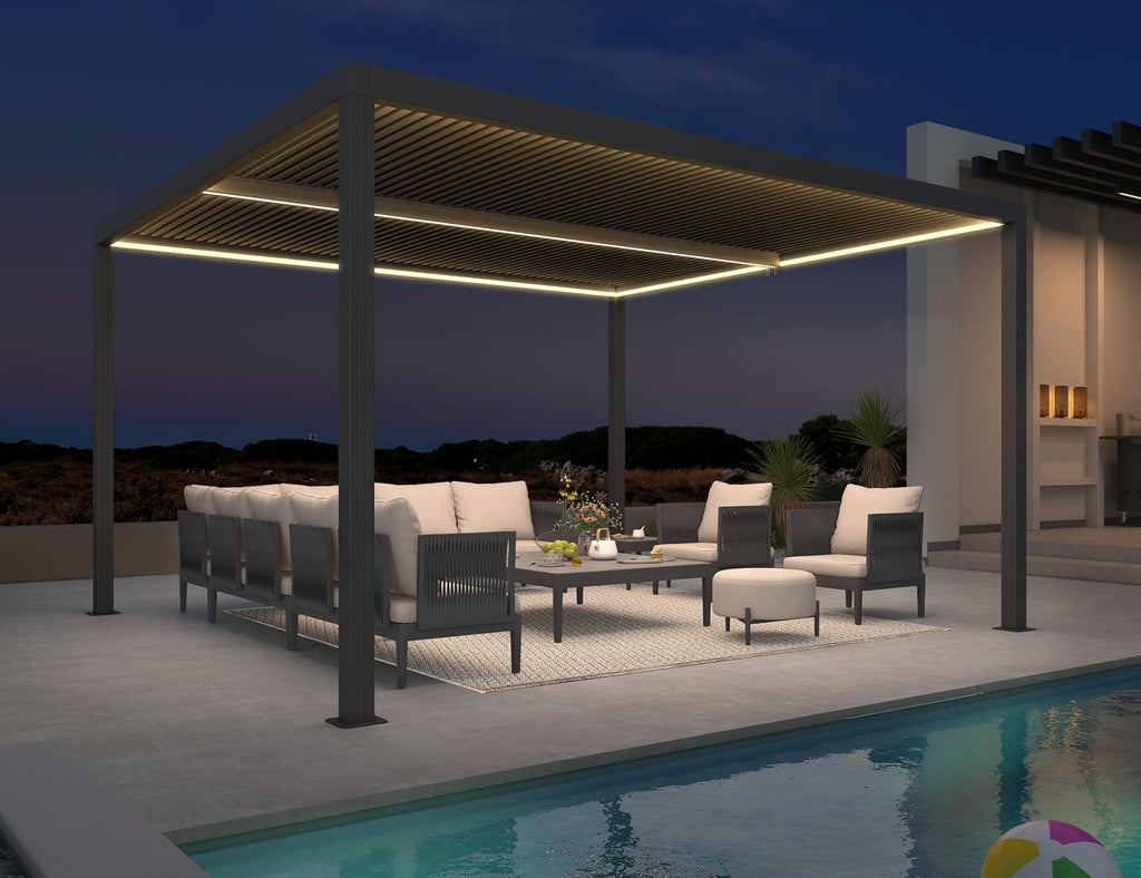 PURPLE LEAF LED Louvered Pergola 94AS 12'x 14' Full Aluminum Frame and Adjustable Roof Integrated Strip Lights for Outdoor Deck Garden Patio Gray Hardtop Gazebo Pergola