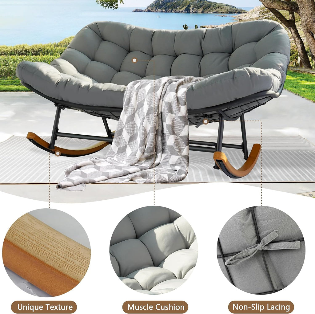 Rocking Papasan Chair,Patio Rocking Chairs for 2-Person Indoor & Outdoor,Oversized Rocking Chair with Thicken Cushion and Steel Frame,Rocker Lounge Chair for Yard,Living Room,Grey