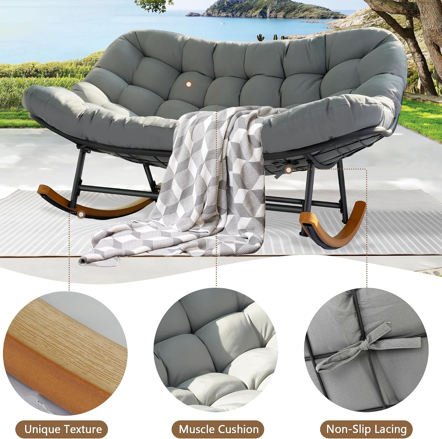 Rocking Papasan Chair,Patio Rocking Chairs for 2-Person Indoor & Outdoor,Oversized Rocking Chair with Thicken Cushion and Steel Frame,Rocker Lounge Chair for Yard,Living Room,Grey