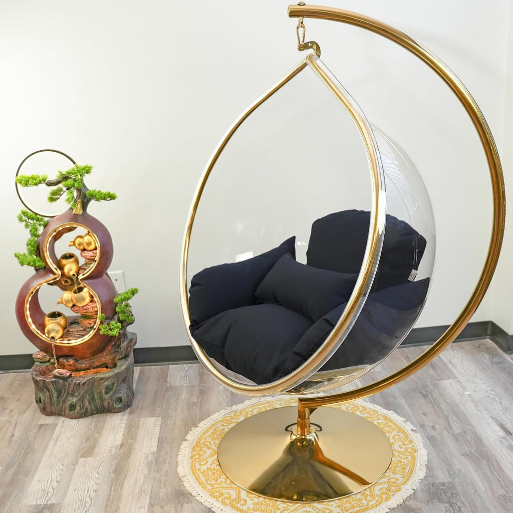Hanging Chair - Transparent Acrylic Bubble, Waterdrop Shape, Indoor Swing Chair with Gold/Chrome Stand, Durable Fabric Cushion - Luxury Accent for Living Room, Bedroom (Gold/NavyBlue)