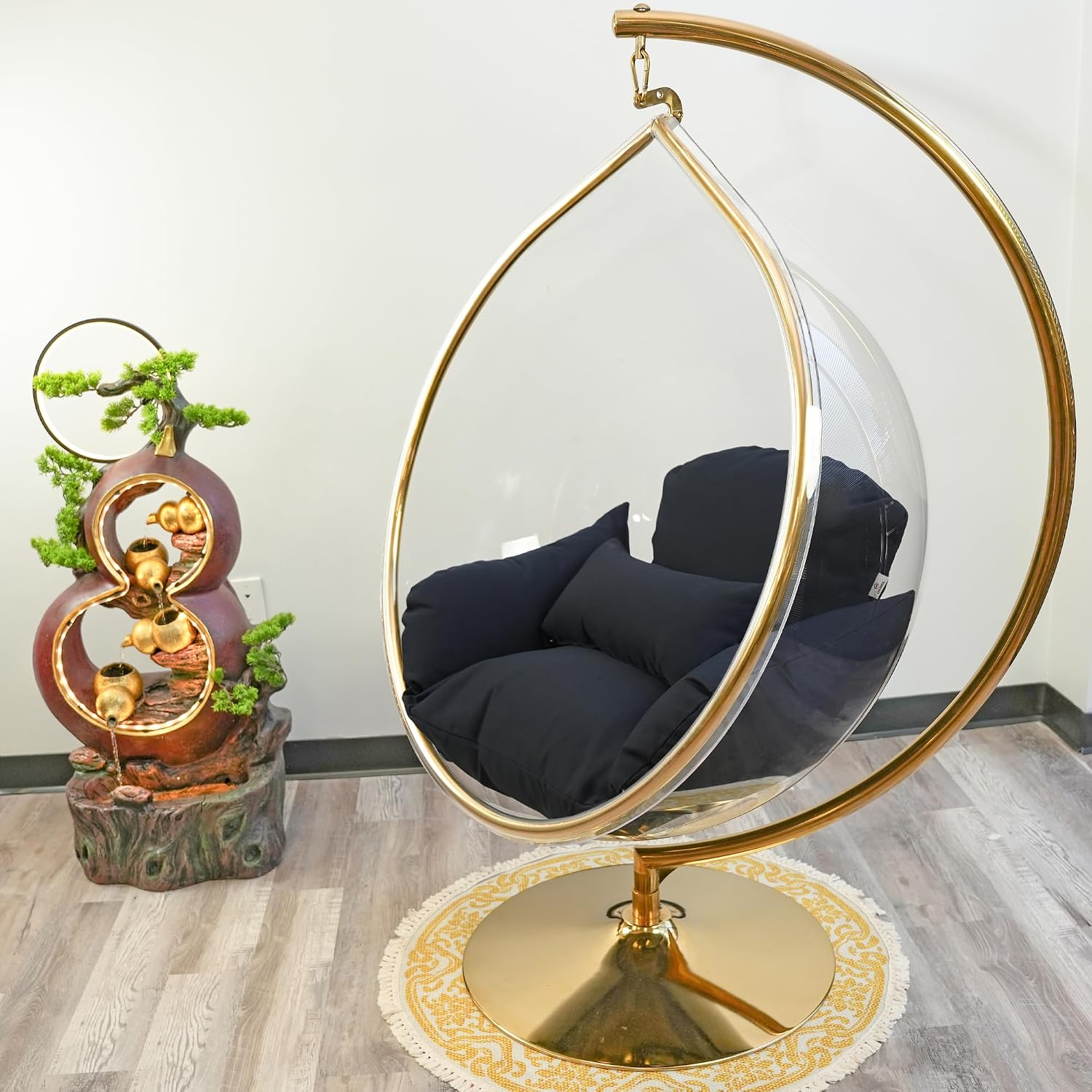 Hanging Chair - Transparent Acrylic Bubble, Waterdrop Shape, Indoor Swing Chair with Gold/Chrome Stand, Durable Fabric Cushion - Luxury Accent for Living Room, Bedroom (Gold/NavyBlue)