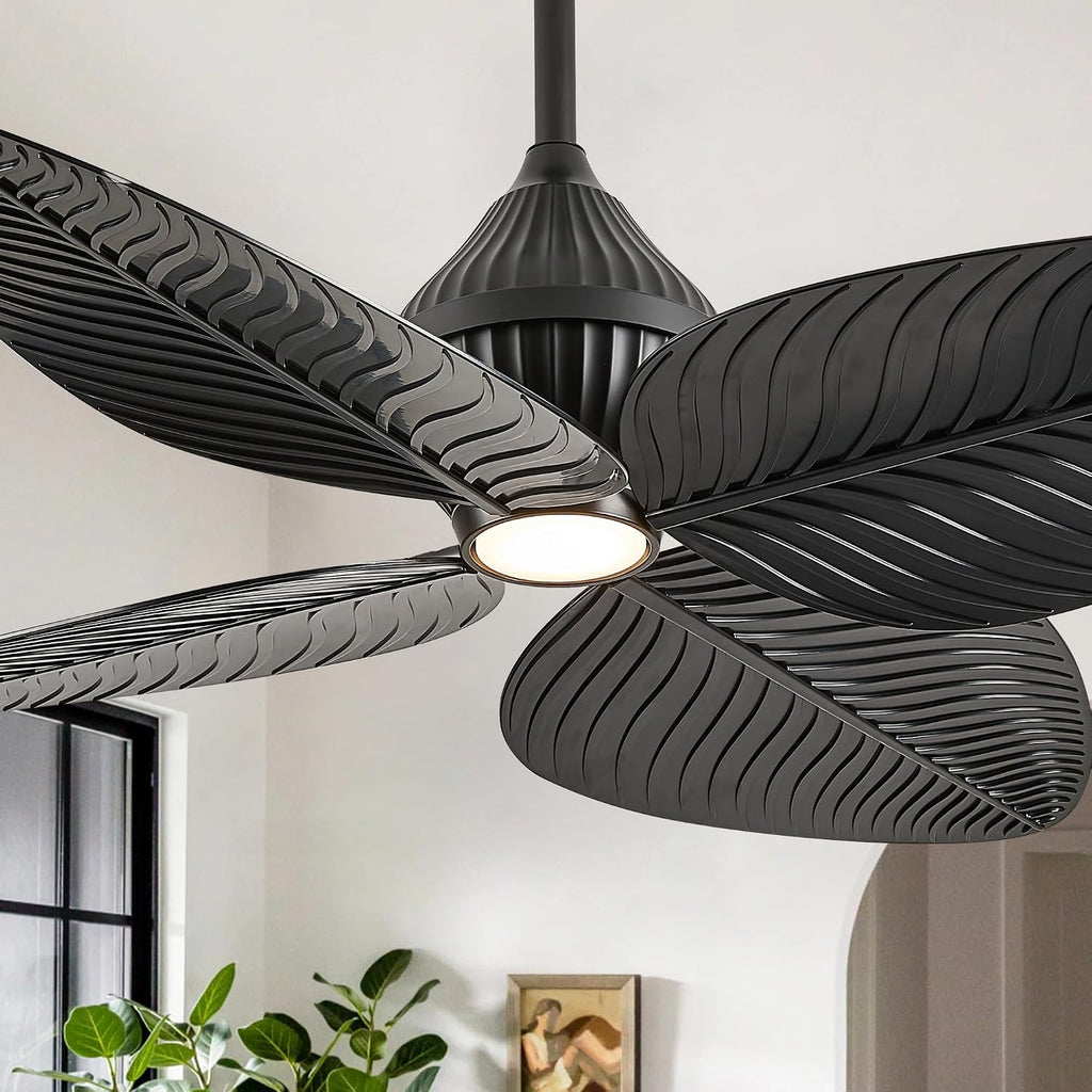 52' Tropical Ceiling Fans with Lights, Indoor Palm Leaf Ceiling Fan with Light and Remote for Living Room Bedroom, ABS Blades, Dimmable LED Lights, 6 Speeds, Adjustable Height-Black