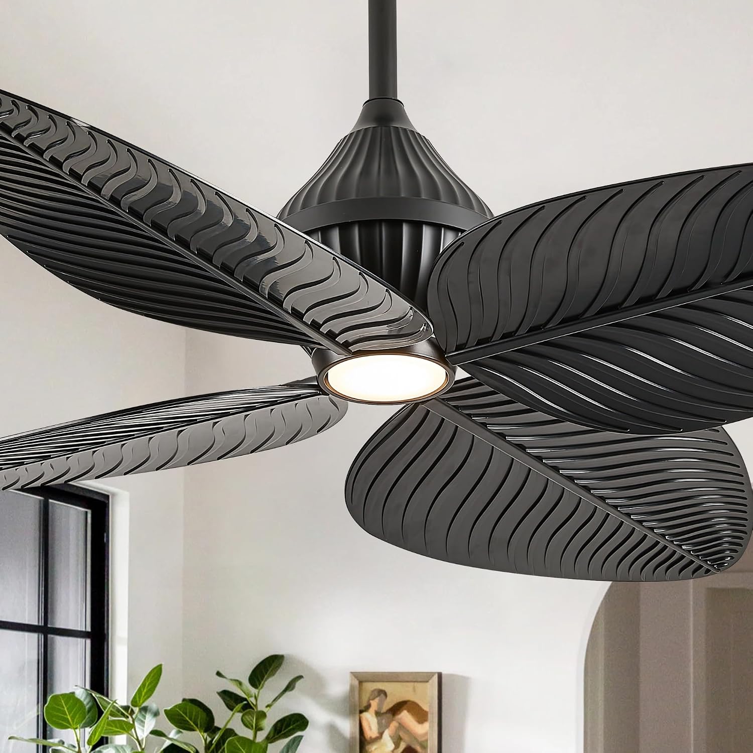 52' Tropical Ceiling Fans with Lights, Indoor Palm Leaf Ceiling Fan with Light and Remote for Living Room Bedroom, ABS Blades, Dimmable LED Lights, 6 Speeds, Adjustable Height-Black