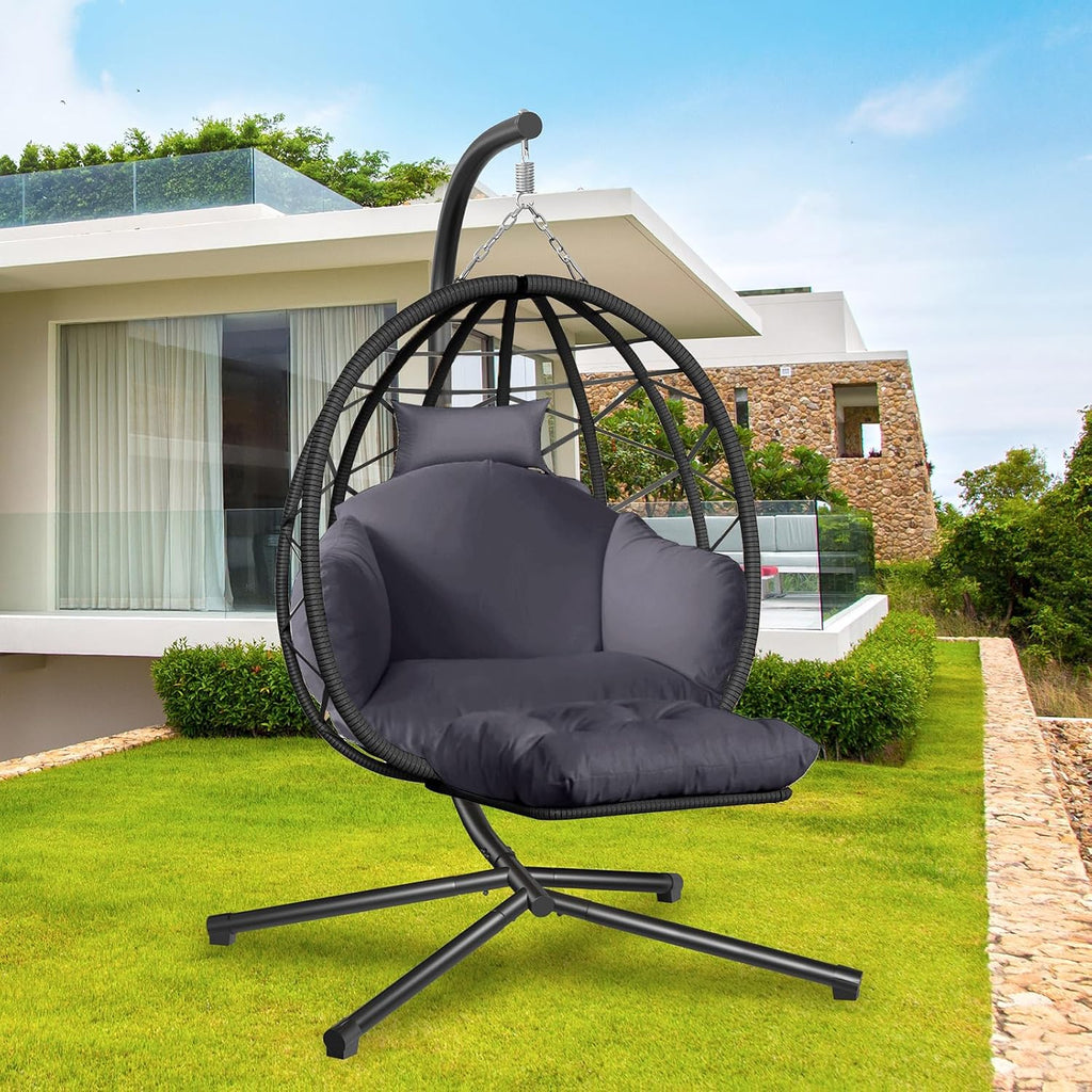 Hanging Egg Chair with Stand and Leg Rest Outdoor Indoor Swing Rattan Wicker with UV Resistant Cushions Gift for Kid Mom Girlfriend use for Bedroom Patio Balcony Nest Chair