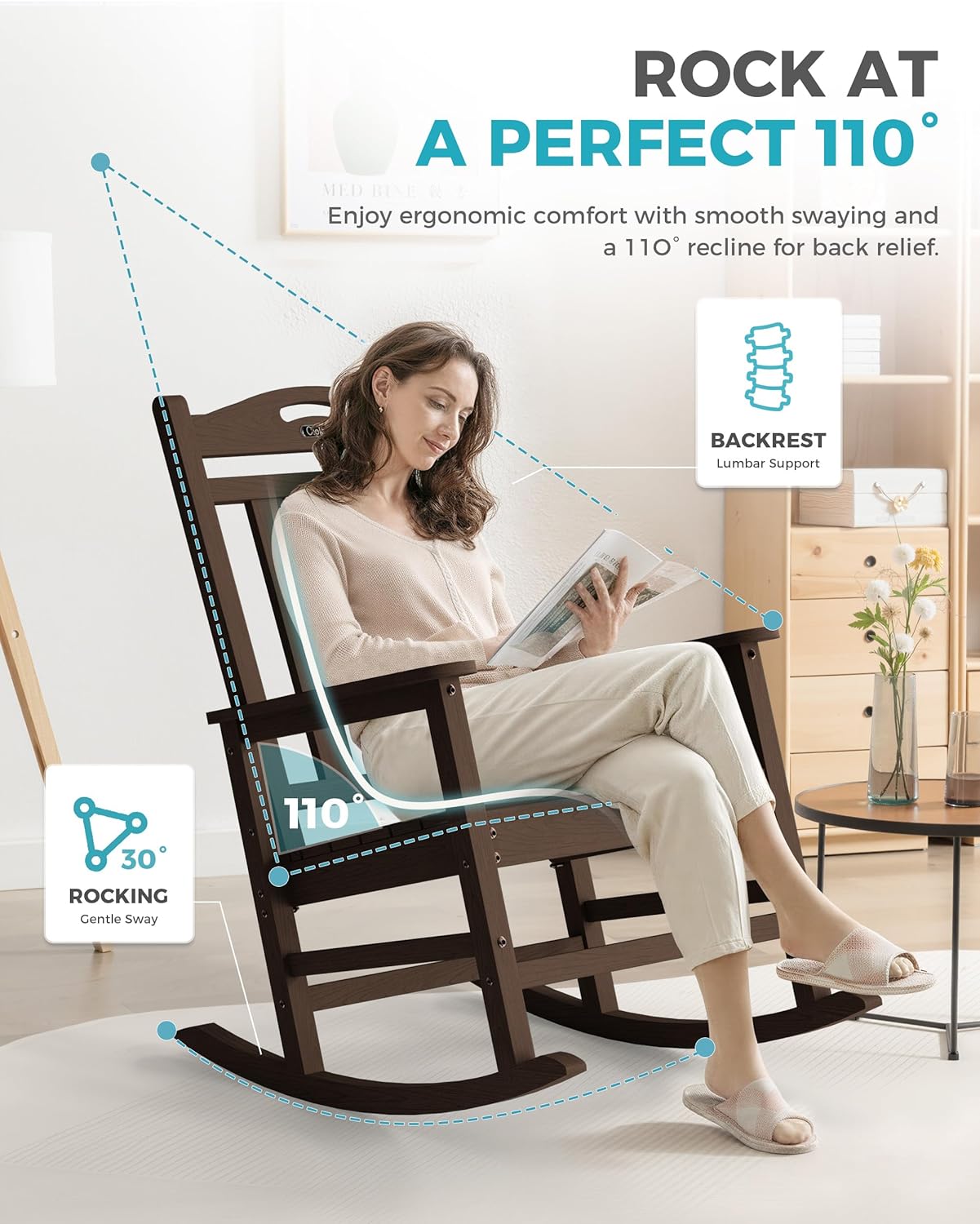 Ciokea Oversized Outdoor Rocking Chair, 380lbs Heavy-Duty Large Patio Rocker, Weather Resistant & Anti-Fade Porch Chair, High Back Cozy Rocking Chair for Outside, Fire Pit, Deck, Garden, Brown