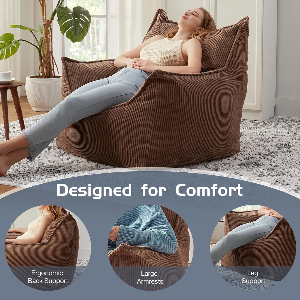 EBENCHICO Giant Bean Bag Chair Sofa for Adults Teens, Comfy Corduroy Large Bean Bag Chairs with Armrests for Bedroom Living Room, Adult BeanBag Lazy Sofa Couch Chairs with Filler Included
