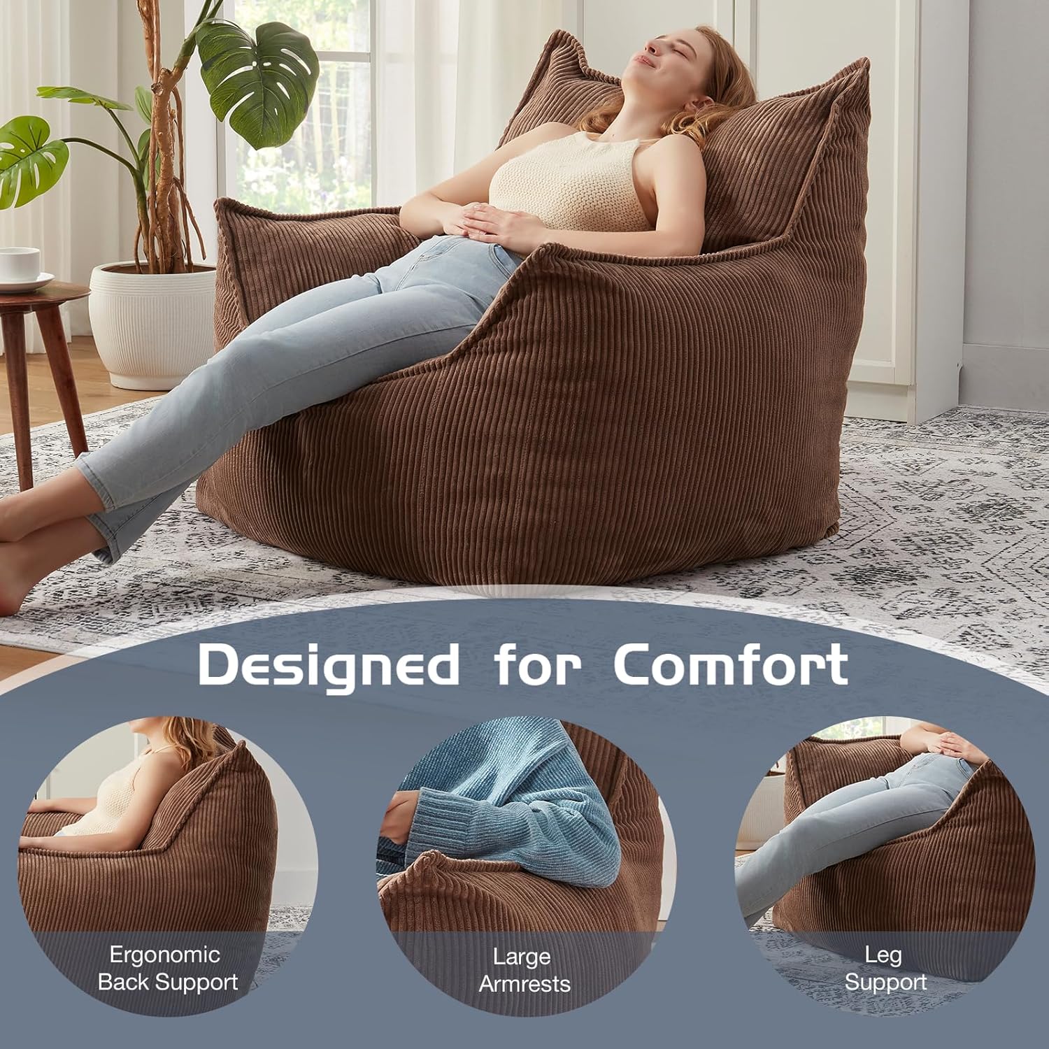 EBENCHICO Giant Bean Bag Chair Sofa for Adults Teens, Comfy Corduroy Large Bean Bag Chairs with Armrests for Bedroom Living Room, Adult BeanBag Lazy Sofa Couch Chairs with Filler Included