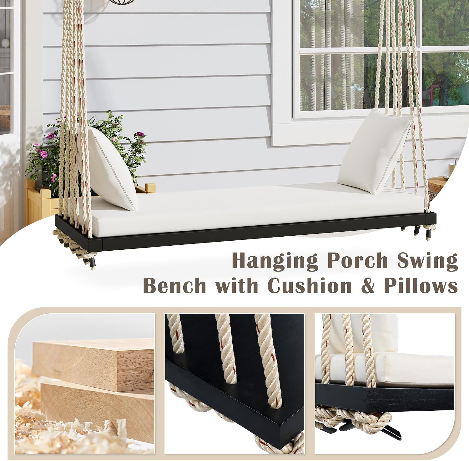 Merax Outdoor Patio Wooden Swing Chair, 2-Seat Hanging Porch Hammock Bench with Cushion & Pillows, 10.8Ft Hemp Ropes for Garden, Backyard, Lawn, Black