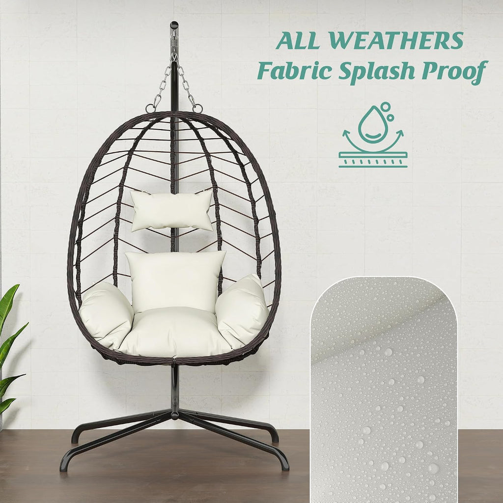 LEX CRAFT Hanging Egg Chair with Stand, Swinging Egg Chair Outdoor Indoor, Hanging Basket Chair with Cushion, Patio Wicker Hammock Chair 350lbs Capacity for Porch, Balcony, Backyard, Garden (Beige)