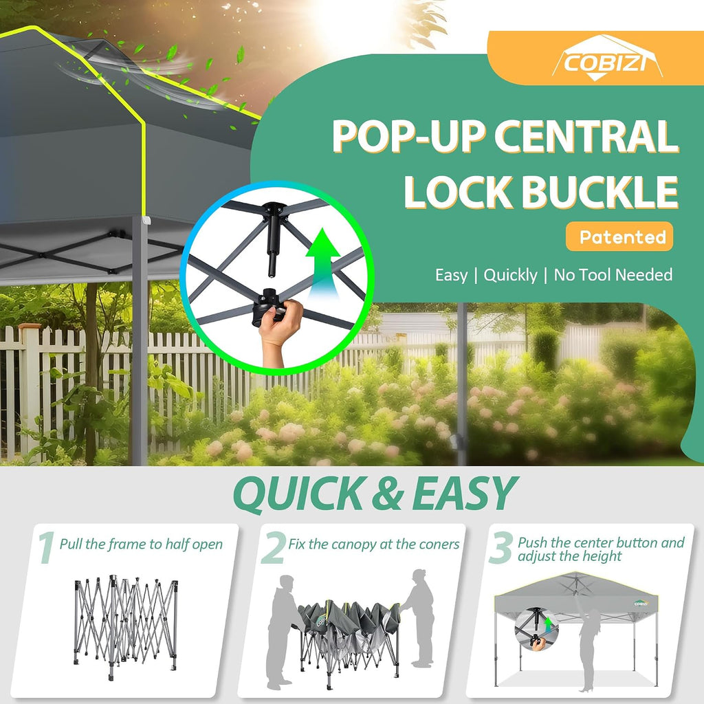 COBIZI Canopy 10x10 Pop Up Canopy Tent 1-Button Push Easy up Outdoor Canopy Instant Portable Commercial Shelter Waterproof UPF50+ Gazebo with Reflective Strip, Air Vent & 4 Sandbags,Grey