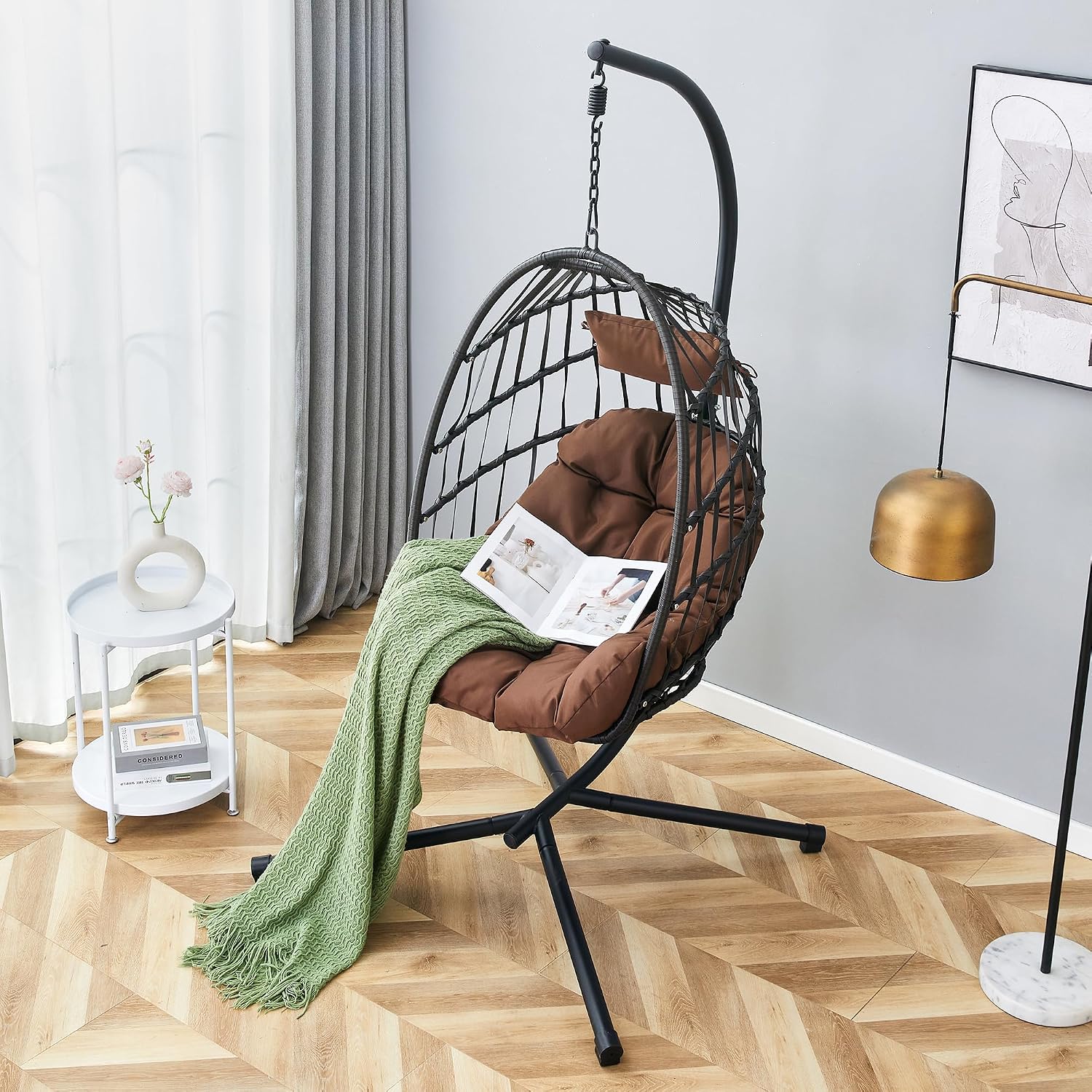 Hanging Egg Chair with Stand, Outdoor Swing Chair with Cushion and Headrest, Rattan Egg Chair for Backyard, Balcony, Indoor, 300lbs Capacity, Black