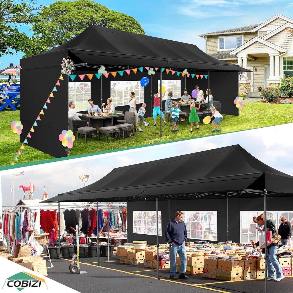 COBIZI 10x30 Pop Up Canopy Tent with Awning & Sidewalls, Heavy Duty Commercial 10X30 Canopy Tents Instant Waterproof, UPF 50+ Sun Shade for Outdoor, Parties, Markets (Black)