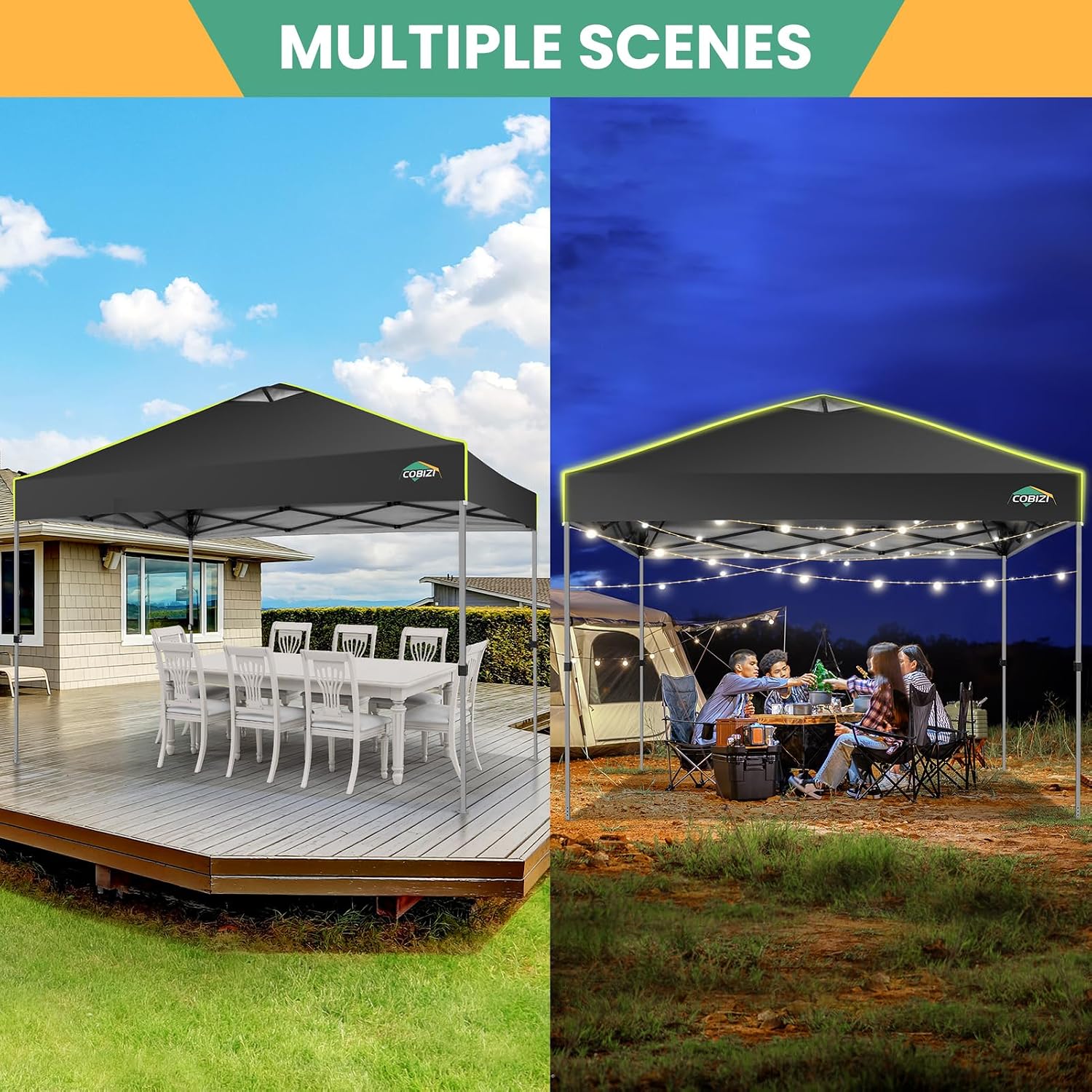 COBIZI 10x10 Pop Up Canopy Tent, Outdoor Party Tent with 4 Sidewall One Push Setup Glow, 3 Adjustable Height Air Vent Waterproof UPF50+, Bag, 4 Sandbag, 8 Stake, 4 Rope for Beach, Commercial