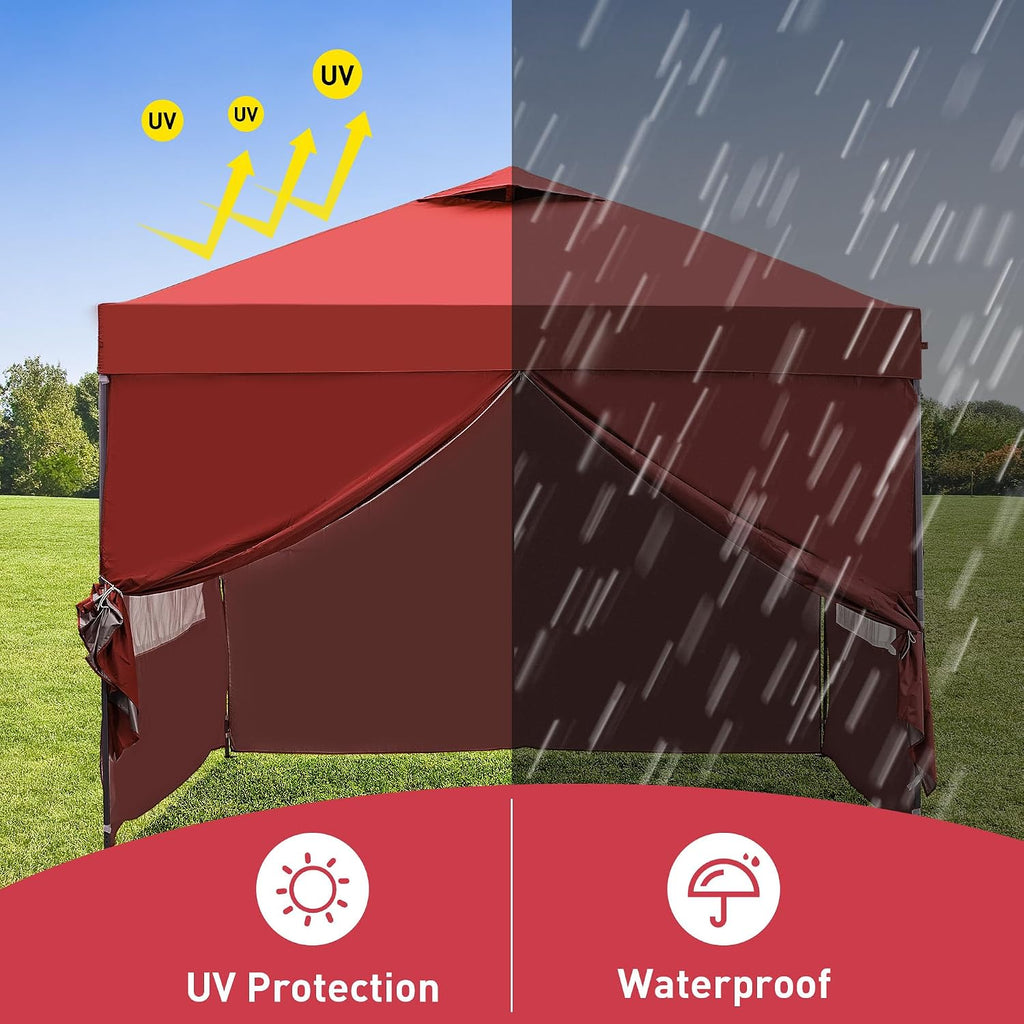 GDY 10x10 Easy Set Up Camping Canopy, Pop Up Tent with 4 Piece Sidewalls, Easy Up Canopy for Events, Parties, Gatherings, Camping, Red.