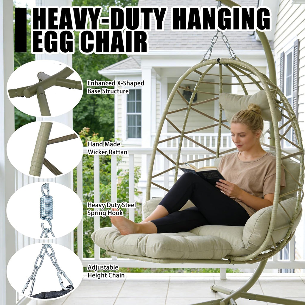 Hanging Egg Chair with Stand & Leg Rest,Rattan Wicker Swing Chair with Cushion,Patio Basket Hanging Chair Wicker Hammock Chair for Indoor Outdoor Bedroom Garden,300LBS (Coffee Rattan&Coffee Cushion)