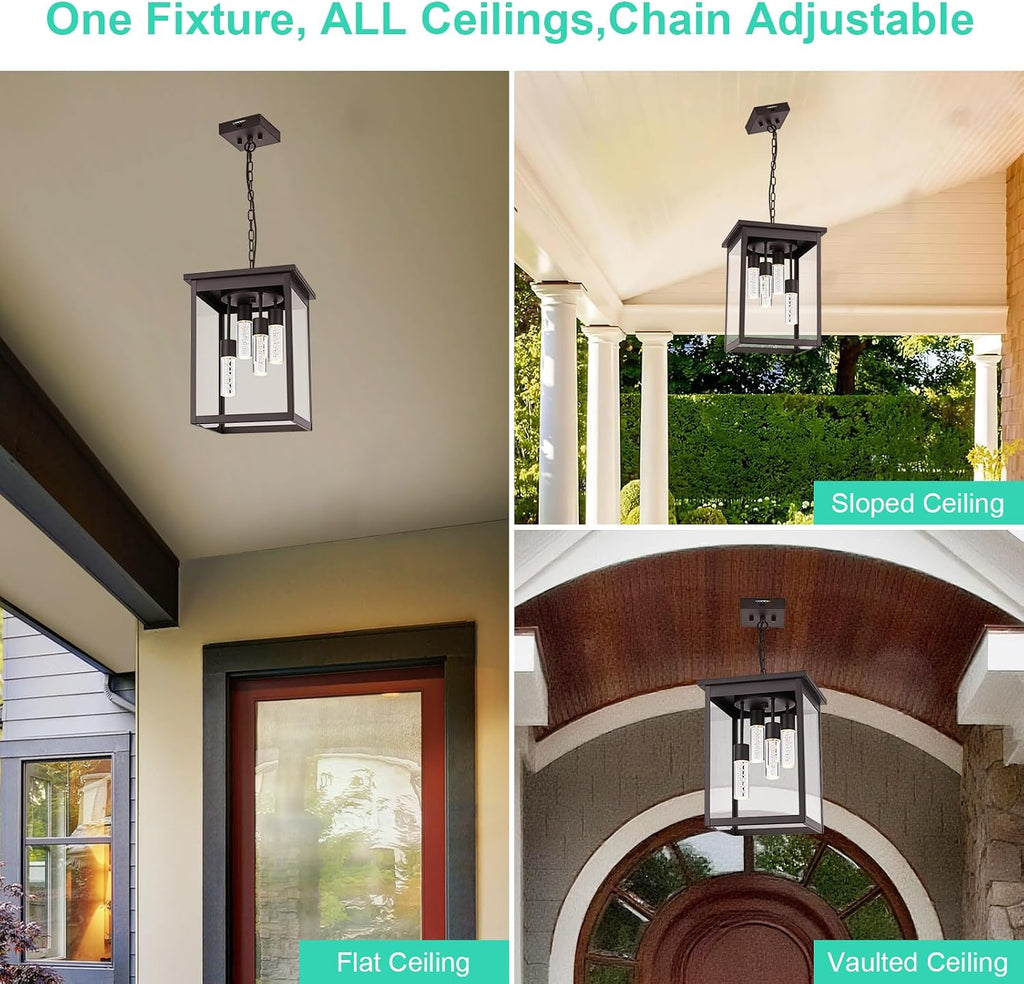 Yaohong 16.7' Large 5CCT LED Outdoor Pendant Light, 4-Lights Modern Oil Rubbed Bronze Hanging Ceiling Fixture with Acrylic Column & Clear Glass, Weatherproof Chandelier for Porch Gazebo Patio Entryway