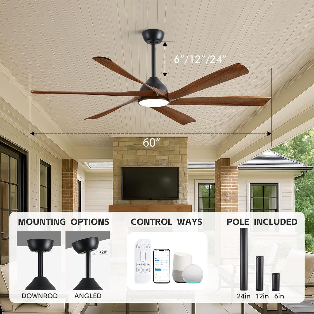 60-Inch Smart Outdoor Ceiling Fan with Light - High CFM Propeller Blades, Rustic Farmhouse Style, Alexa/Tuya App/Remote Control, Quiet DC Motor, Damp Rated for Patio, Porch, Gazebo