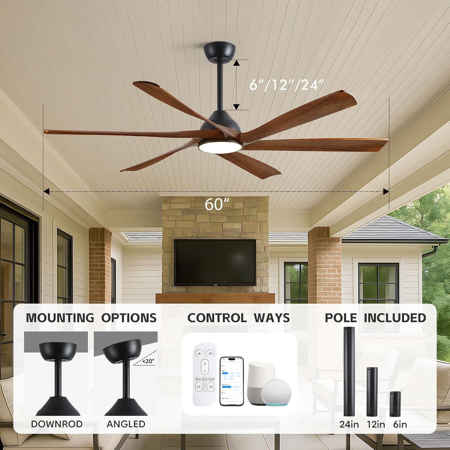 60-Inch Smart Outdoor Ceiling Fan with Light - High CFM Propeller Blades, Rustic Farmhouse Style, Alexa/Tuya App/Remote Control, Quiet DC Motor, Damp Rated for Patio, Porch, Gazebo