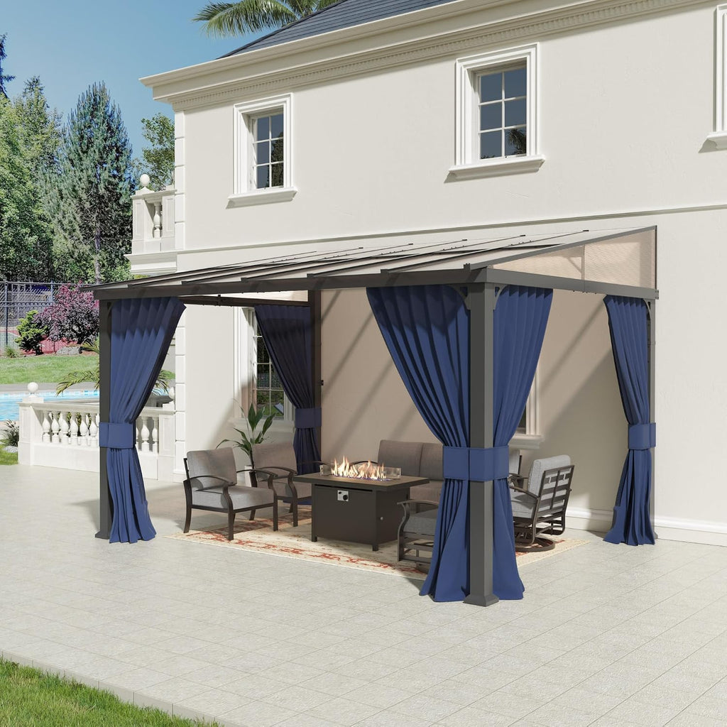 10' x 12' Gazebo for Patio,Wall Mounted Gazebo with Sloping Polycarbonate Roof,Aluminum Frame Outdoor pelgole w/Netting & Curtain for Garden,Deck,Backyard,NavyBlue