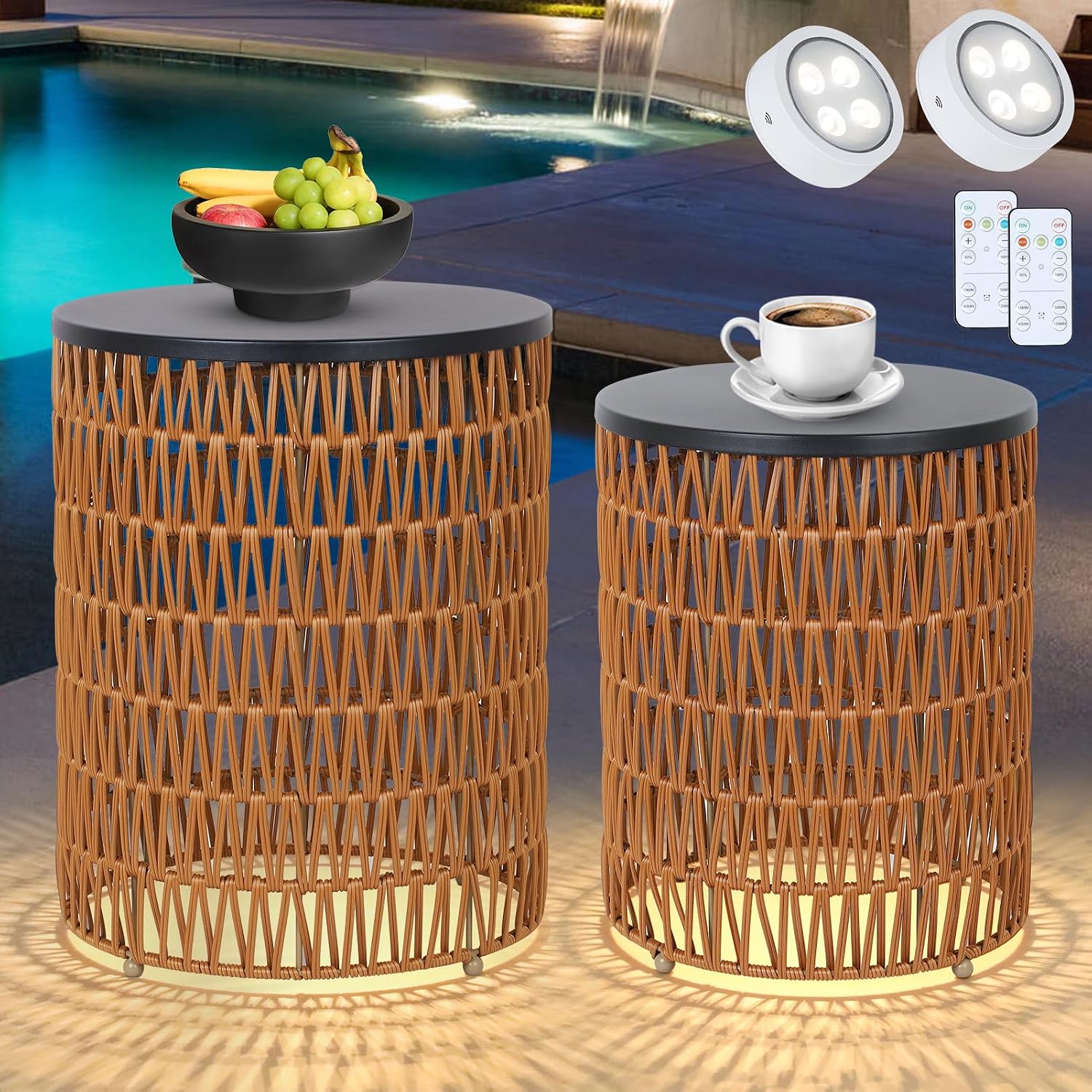 HMVPL Outdoor Side End Table with Dimmable Light Remote Control,2-Pack Small Round Patio Table with Timing Light,Outside Plastic Rattan Accent Bistro Desk for Poolside Backyard Balcony Gazebo Indoor