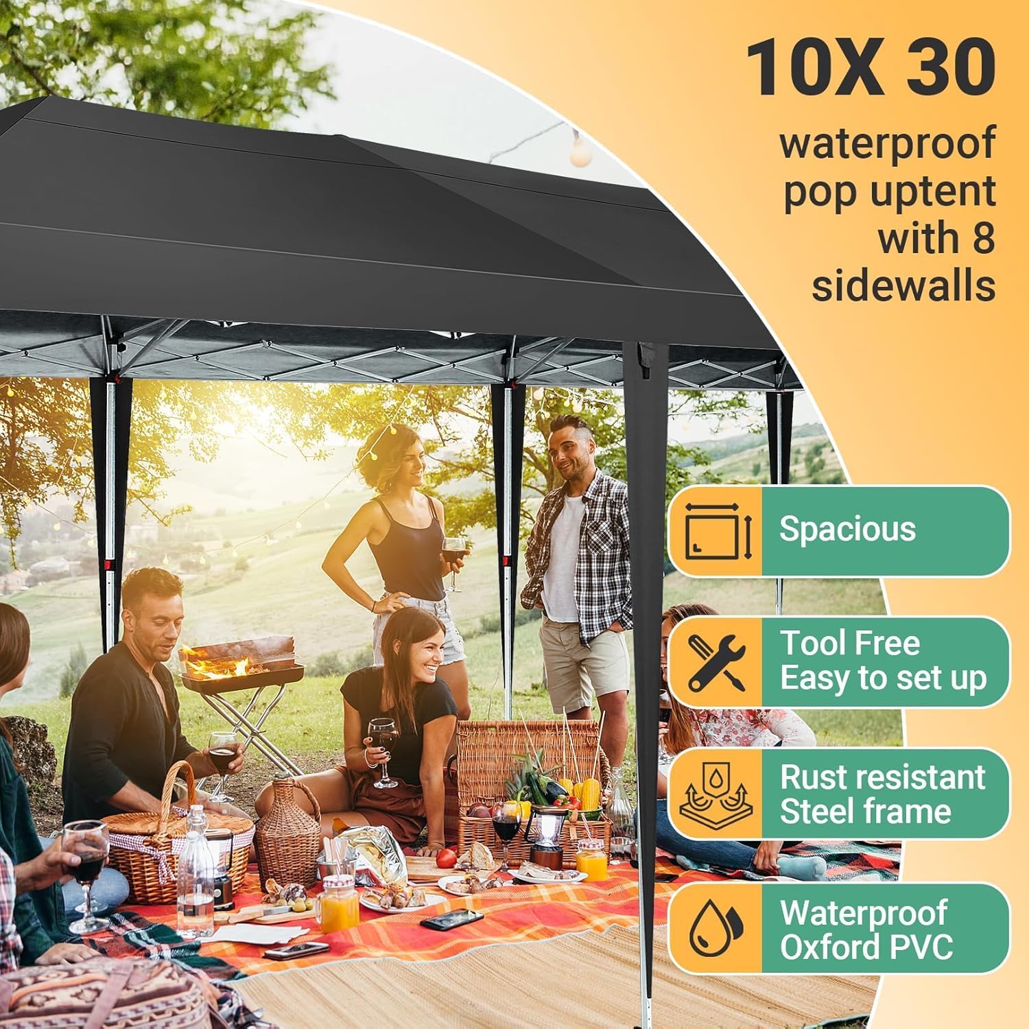 COBIZI 10x30 Canopy Party Tent with 8 Walls 10x30 Pop Up Canopy for Parties Waterproof UPF 50+ Outdoor Commercial Event Tent for Party Backyard Gazebo Canopy with Sidewalls & Sandbags(Black)