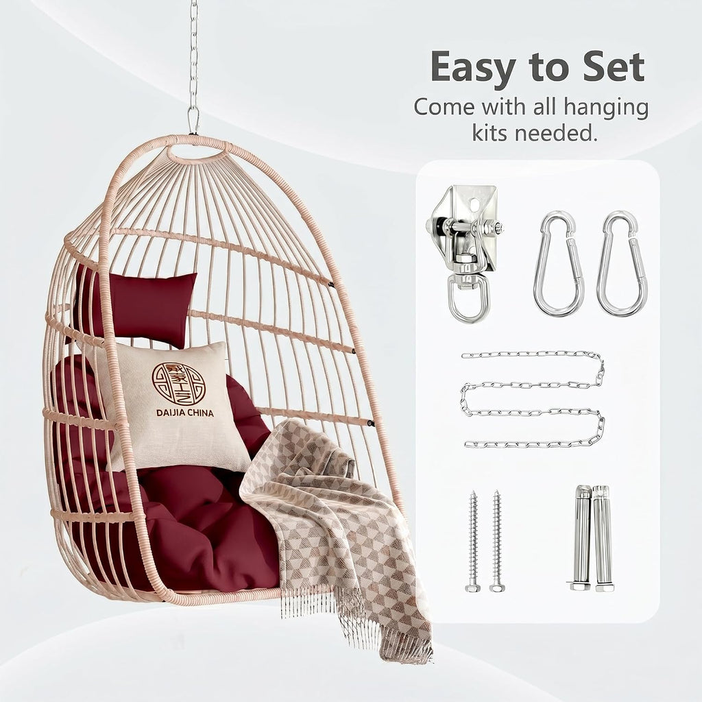 Hanging Egg Chair with Pillow, HDPE Rattan Foldable Swing Chair with Aluminum Frame & UV Resistant Cushion, Hammock Egg Basket Without Stand for Indoor Outdoor, 350Lbs Capacity, Strawberry Red