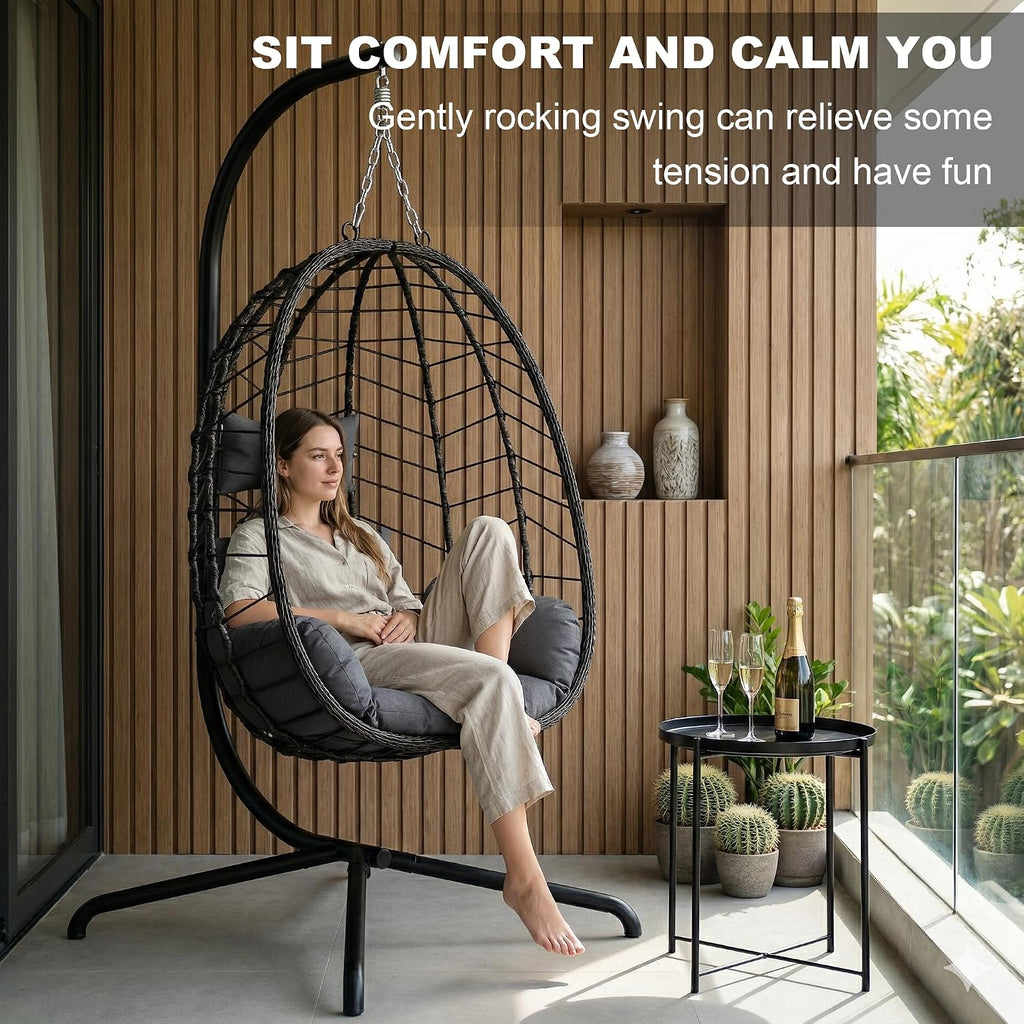 LEX CRAFT Hanging Egg Chair with Stand, Swinging Egg Chair Outdoor Indoor, Hanging Basket Chair with Cushion, Patio Wicker Hammock Chair 350lbs Capacity for Porch, Balcony, Backyard, Garden (Grey1)