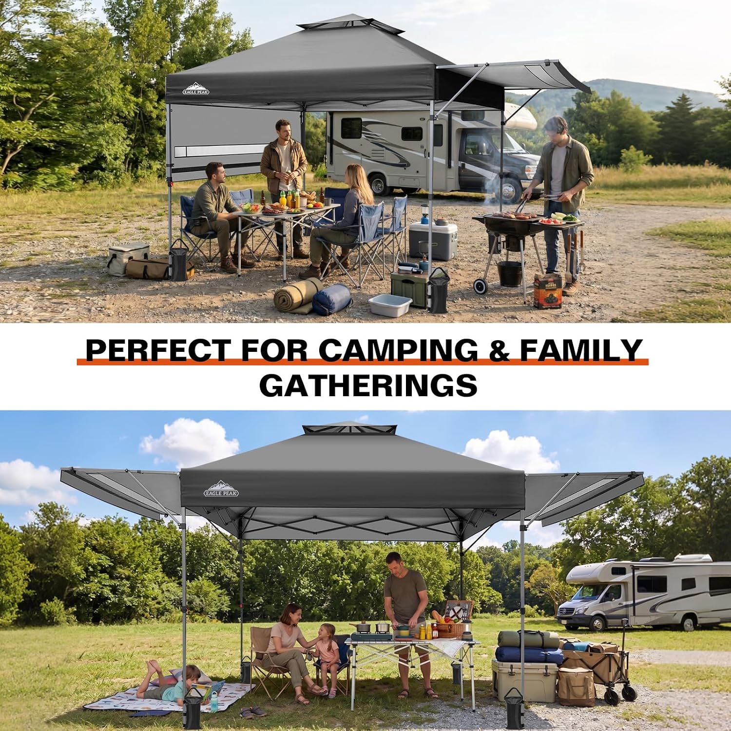 EAGLE PEAK 17x10 Pop up Gazebo Canopy Tent Outdoor Instant Canopy Shelter with Adjustable Dual Half Awnings (Gray)